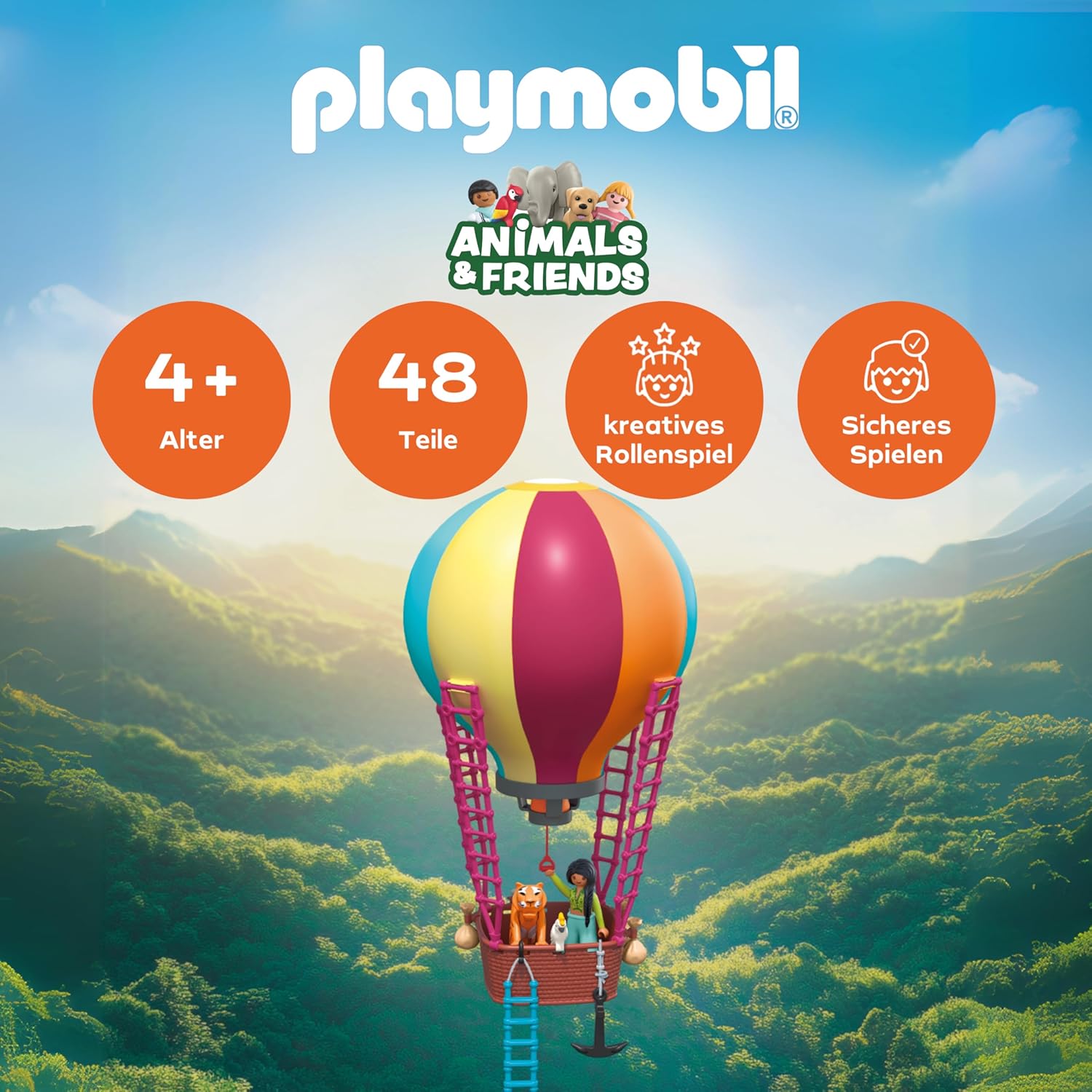 Detalle 2 de PLAYMOBIL Animals & Friends Ballonreise 71853 – Ballon als Spielset & Deko zum Aufhängen, ab 4 Jahren