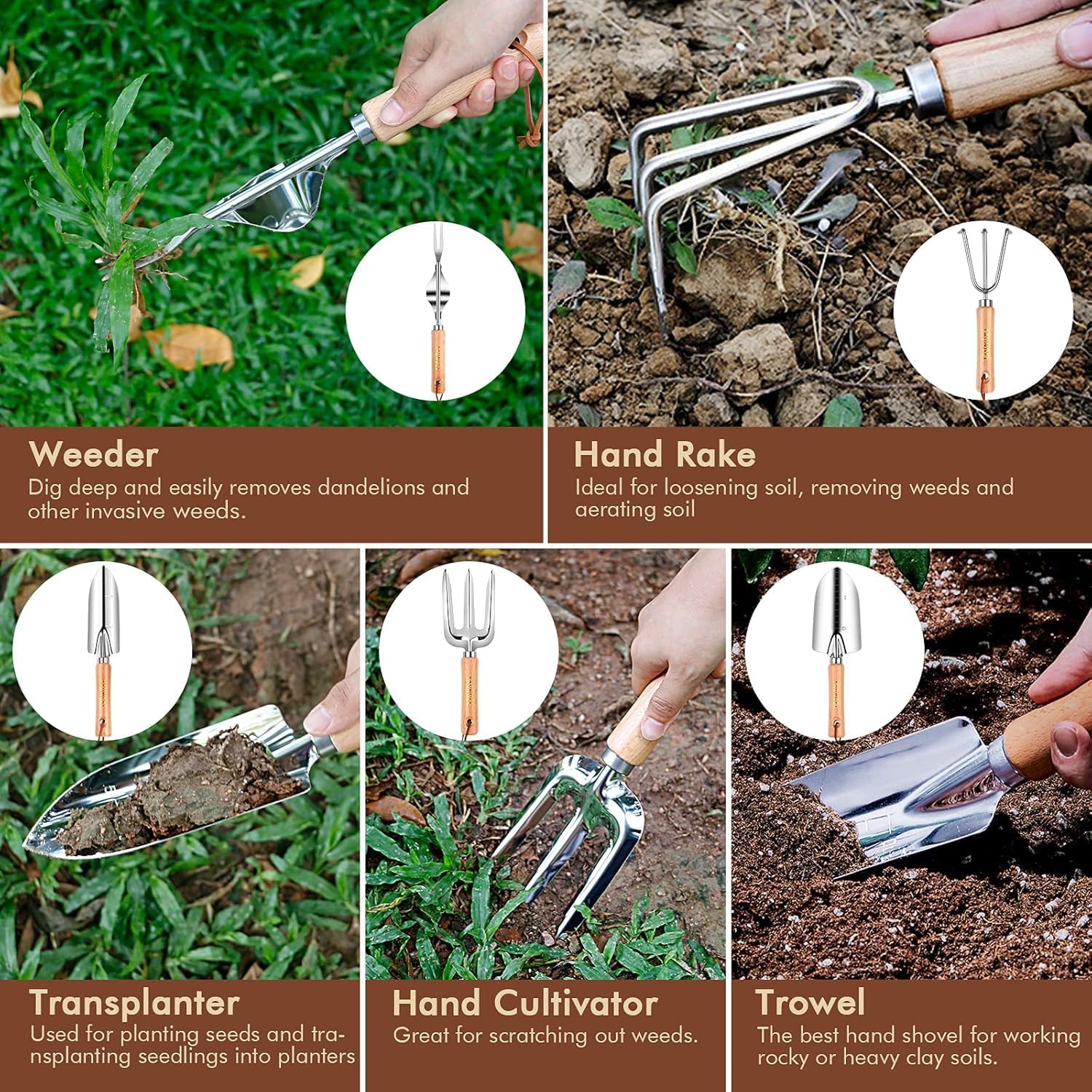 Thumbnail 5 de YAUNGEL Ensemble d’outils de jardinage en acier inoxydable (10 pièces) avec poignées en bois antidérapantes