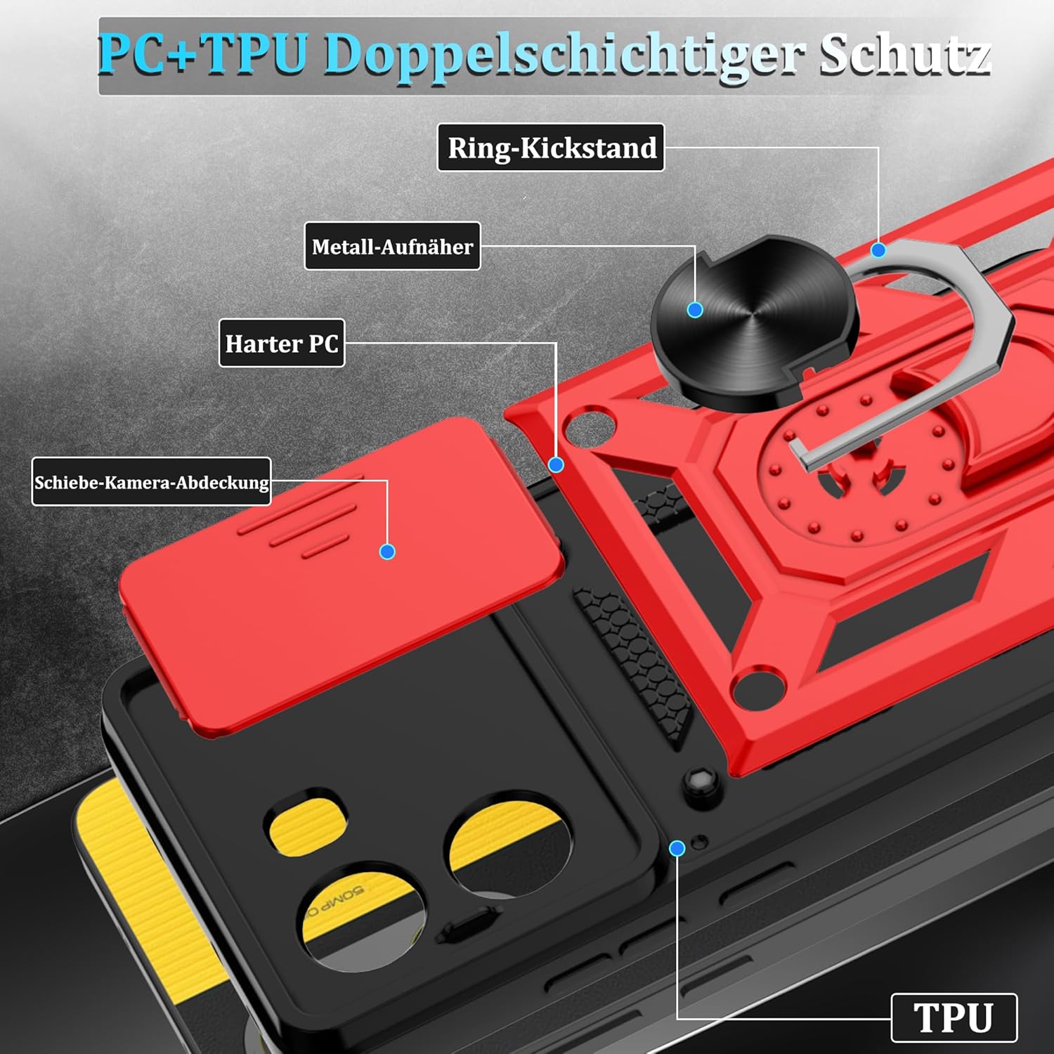 Thumbnail 5 de Jshru Hülle für Xiaomi Poco X7 Pro – 360° Stoßschutz mit Rotem Design, inkl. 2 Schutzfolien