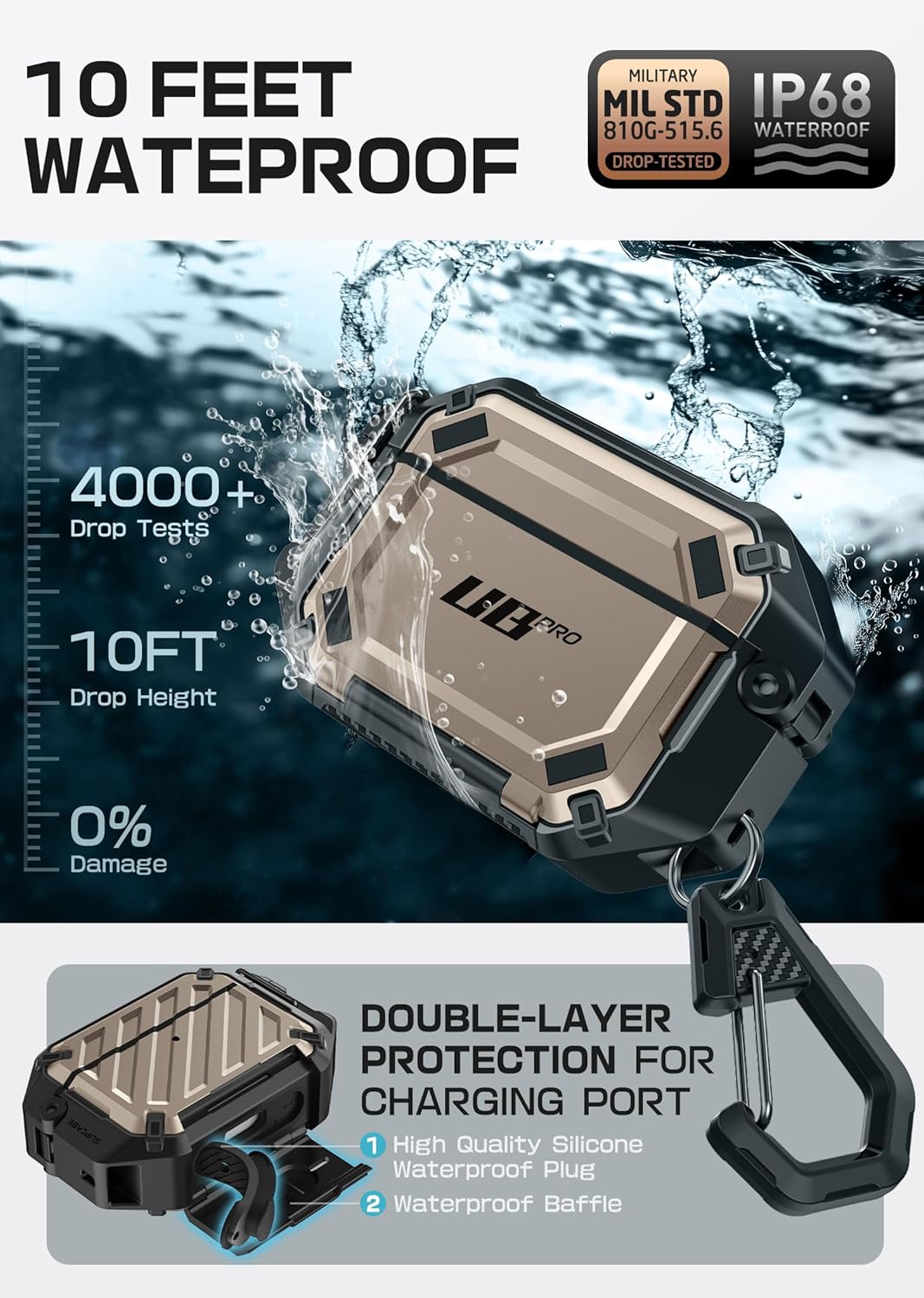 Detalle de SUPCASE AirPods Pro 3 Case with Lock & Carabiner – Desert, IP68 Waterproof, MagSafe Compatible
