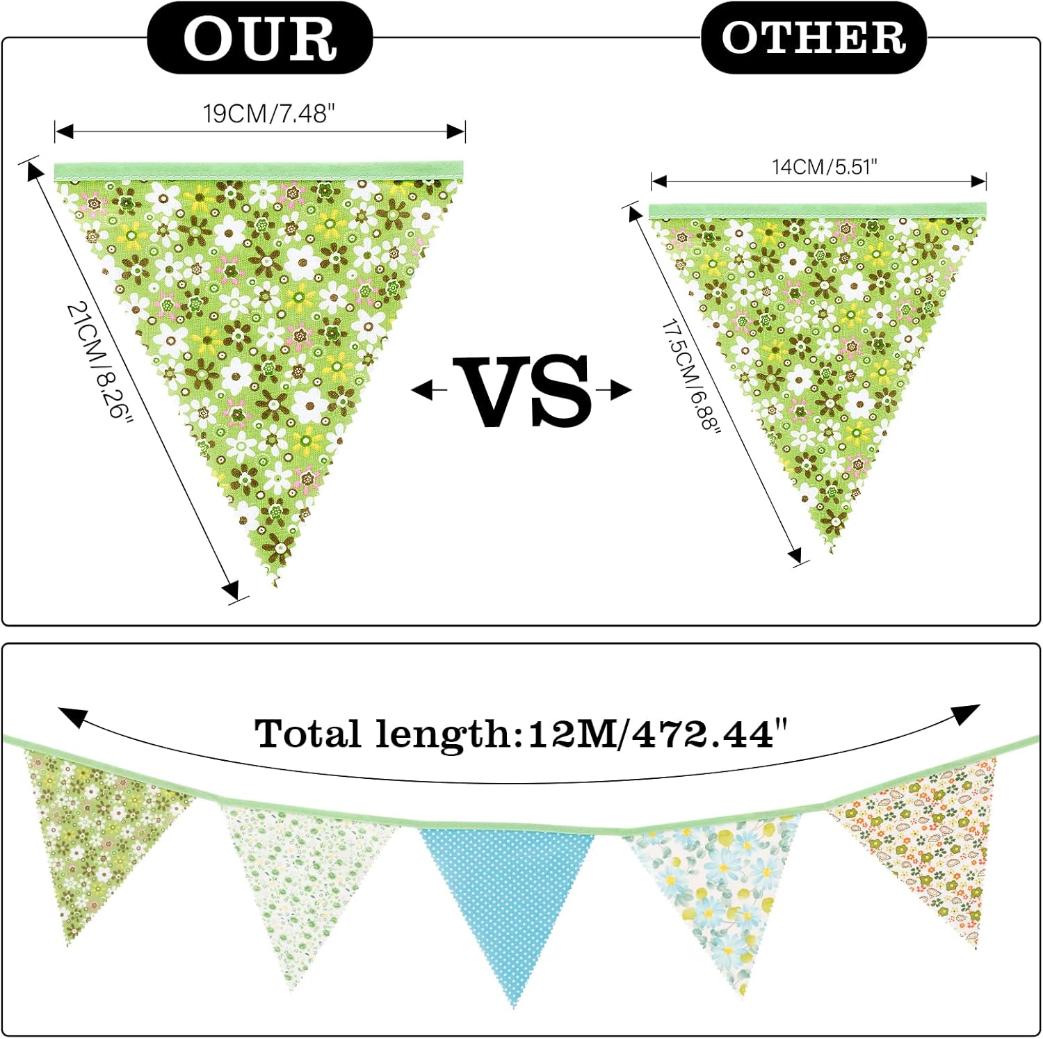 Thumbnail 1 de G2PLUS 12M Green Floral Bunting Garland (42pc cotton triangle banners)