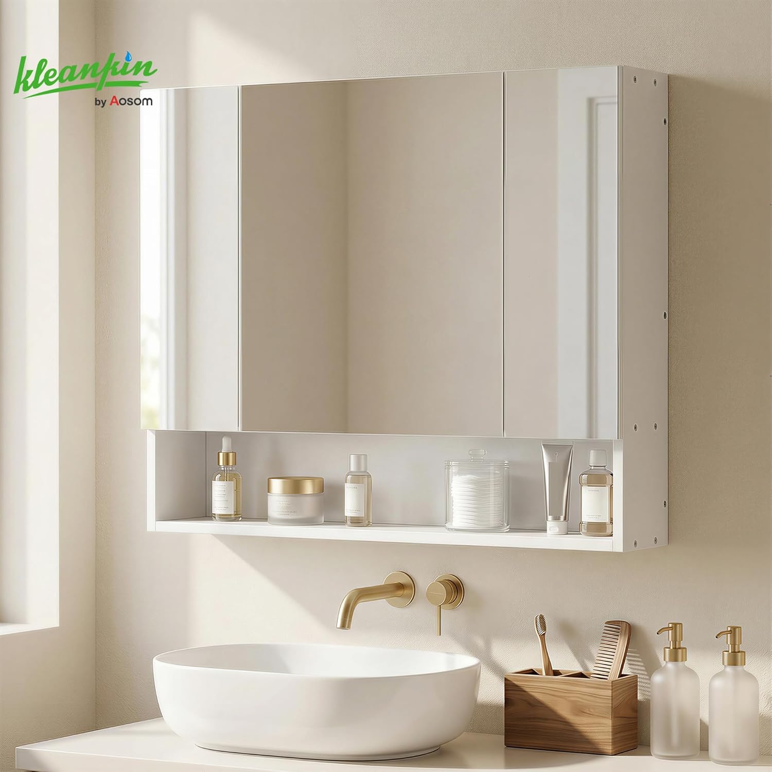 Detalle de kleankin Armoire murale de salle de bain avec miroir (3 portes, 90 x 15 x 75 cm) en blanc