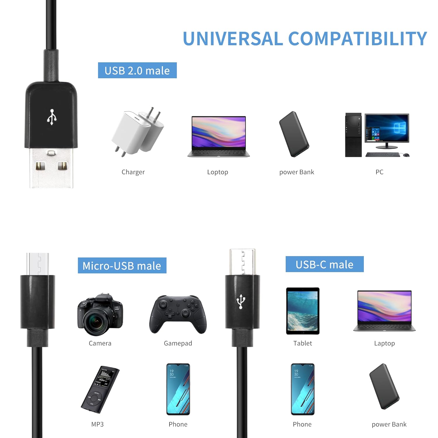 Thumbnail 3 de RIIEYOCA 1Ft Multi Charging Cable (2-in-1) – USB 2.0 A to USB-C & Micro USB splitter (Black)