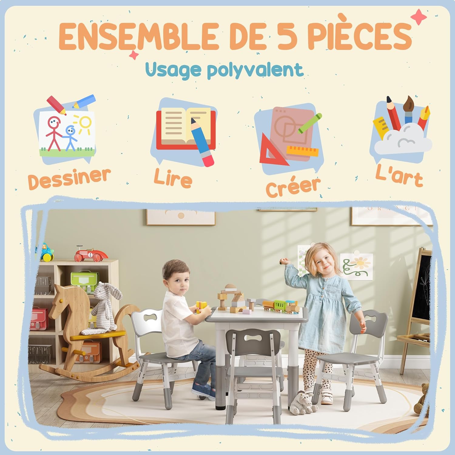Thumbnail 3 de AIYAPLAY Ensemble Table et chaises Enfants Gris 5 pièces