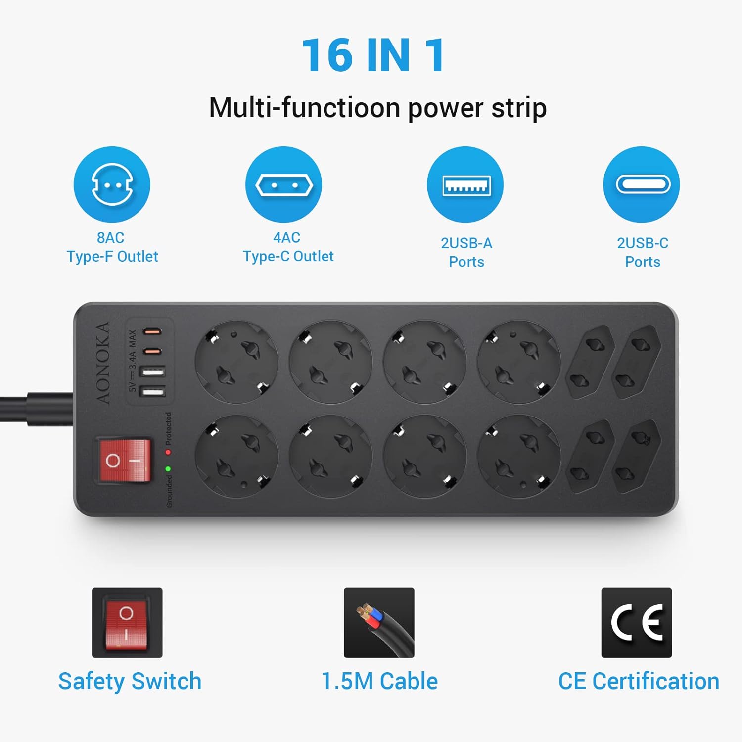 Thumbnail 1 de AONOKA Ciabatta multipresa con USB-C e USB-A, protezione sovratensione, 12 prese Schuko e cavo 1,5 m (nero)