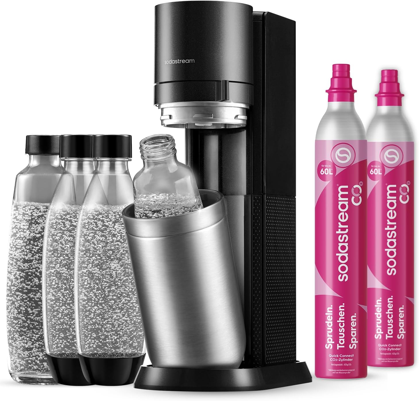 SodaStream Duo Wassersprudler – inkl. 2x60-Liter CO2-Zylinder, 2x 1-Liter Glasflasche und BPA-freie Flaschen