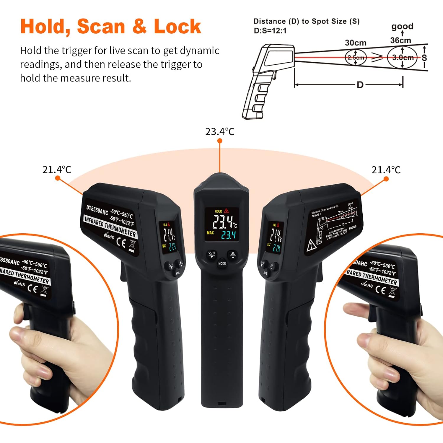 Detalle de Ahosoutly Laser Infrared Temperature Gun Thermometer (Cal Function, Adjustable Emissivity) -58°F to 1112°F
