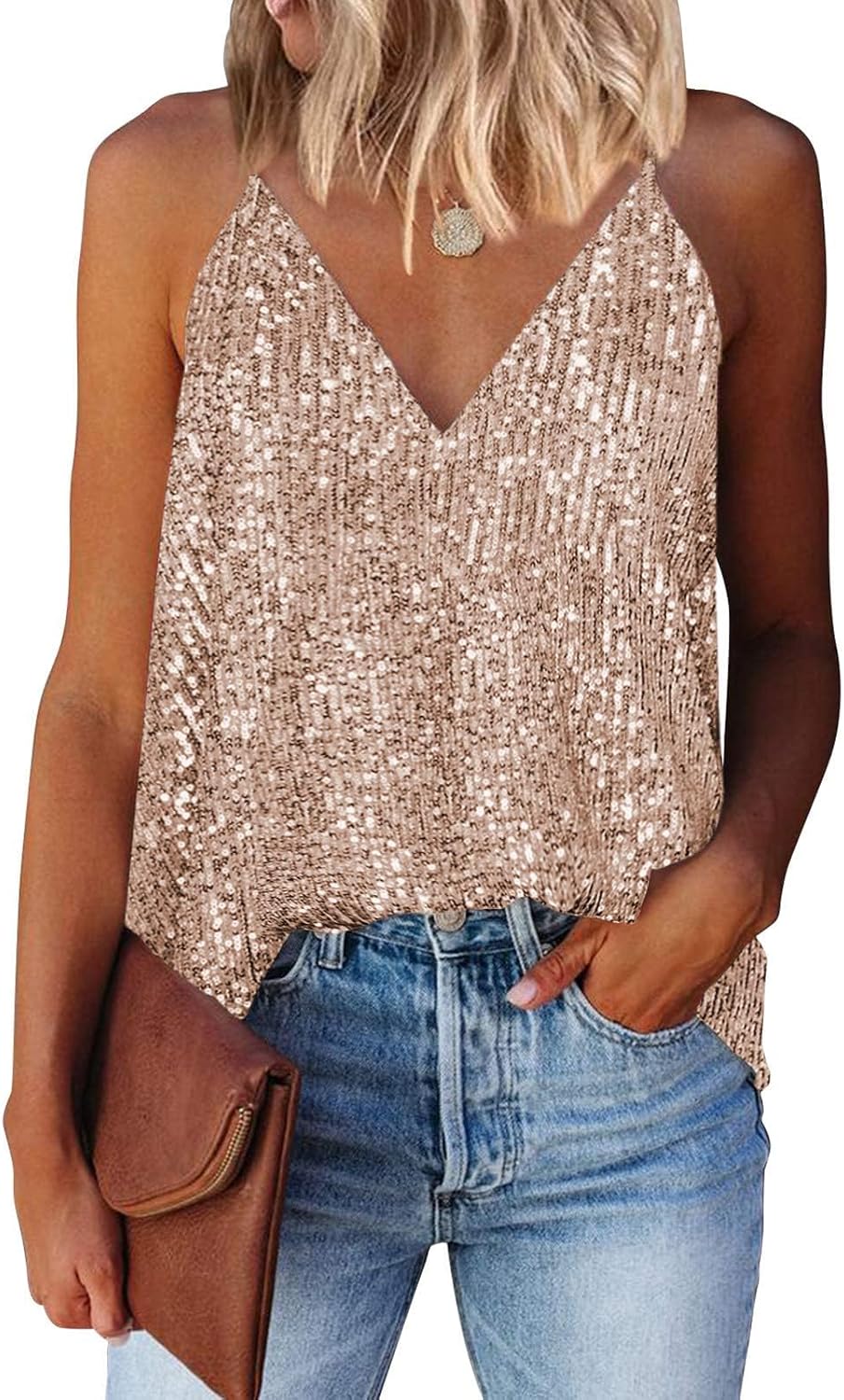 Detalle de AirMood Shimmer Top voor dames met pailletten en V-hals