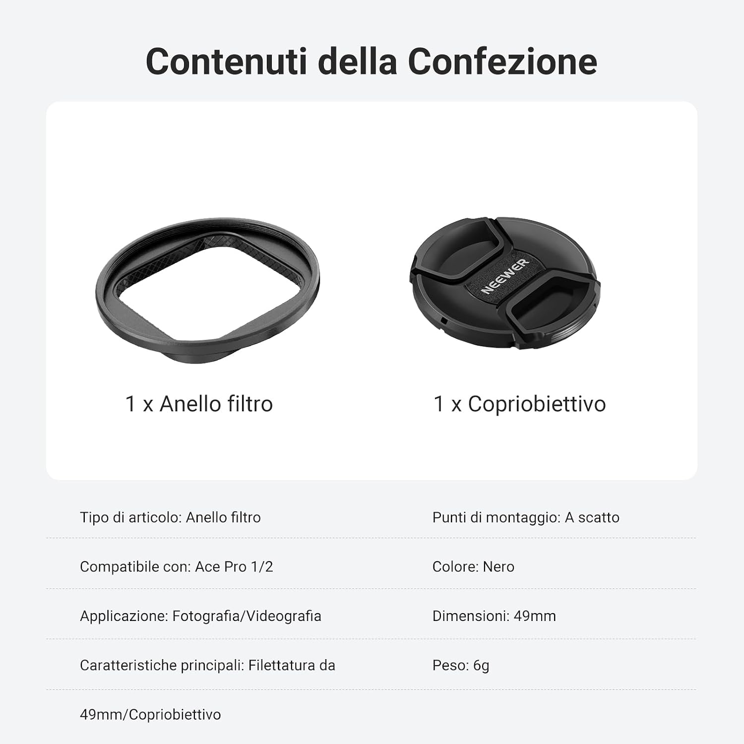 Thumbnail 6 de NEEWER Anello adattatore filtro 49mm con copriobiettivo per Insta360 Ace Pro 1 / Ace Pro 2