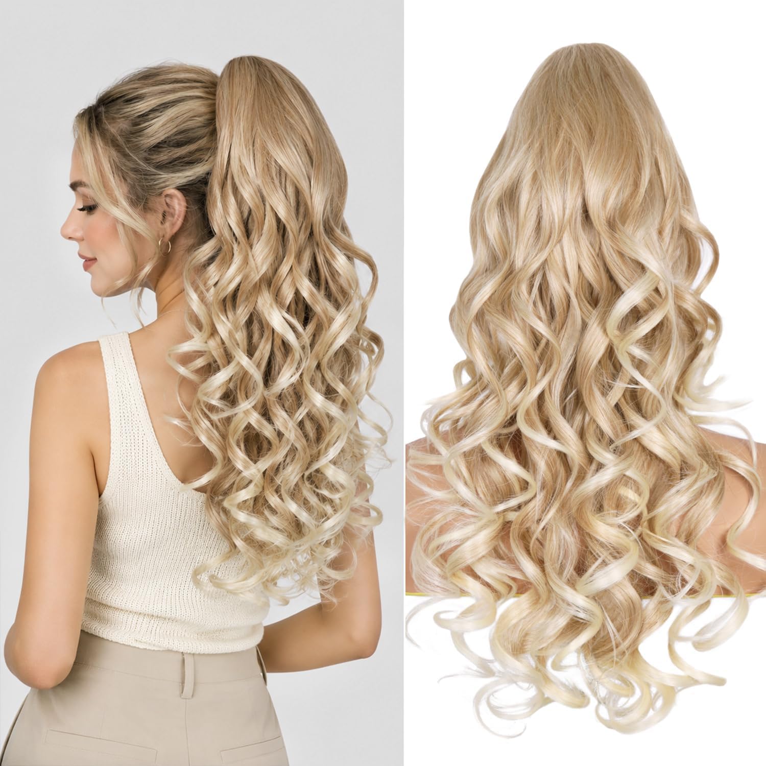 Detalle de ZQIAN BEAUTY 24-Inch Clip-On Ponytail Extension, Curly Waves, Blonde Ombré