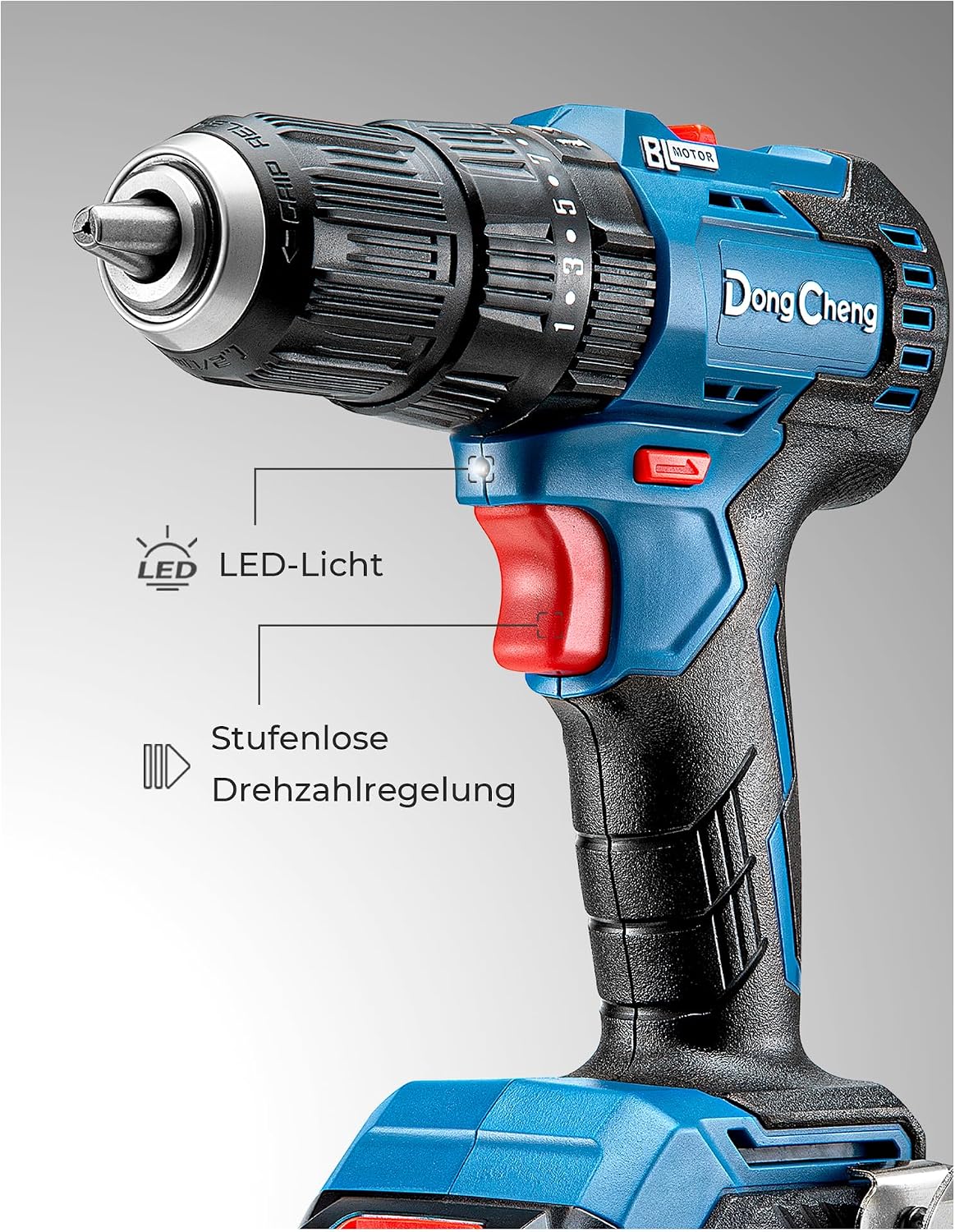 Detalle de Dong Cheng Akku-Schlagbohrschrauber-Set 18V, 50 Nm – bürstenlos mit 2 Akkus (2×2,0 Ah) und 19-teiligem Zubehör