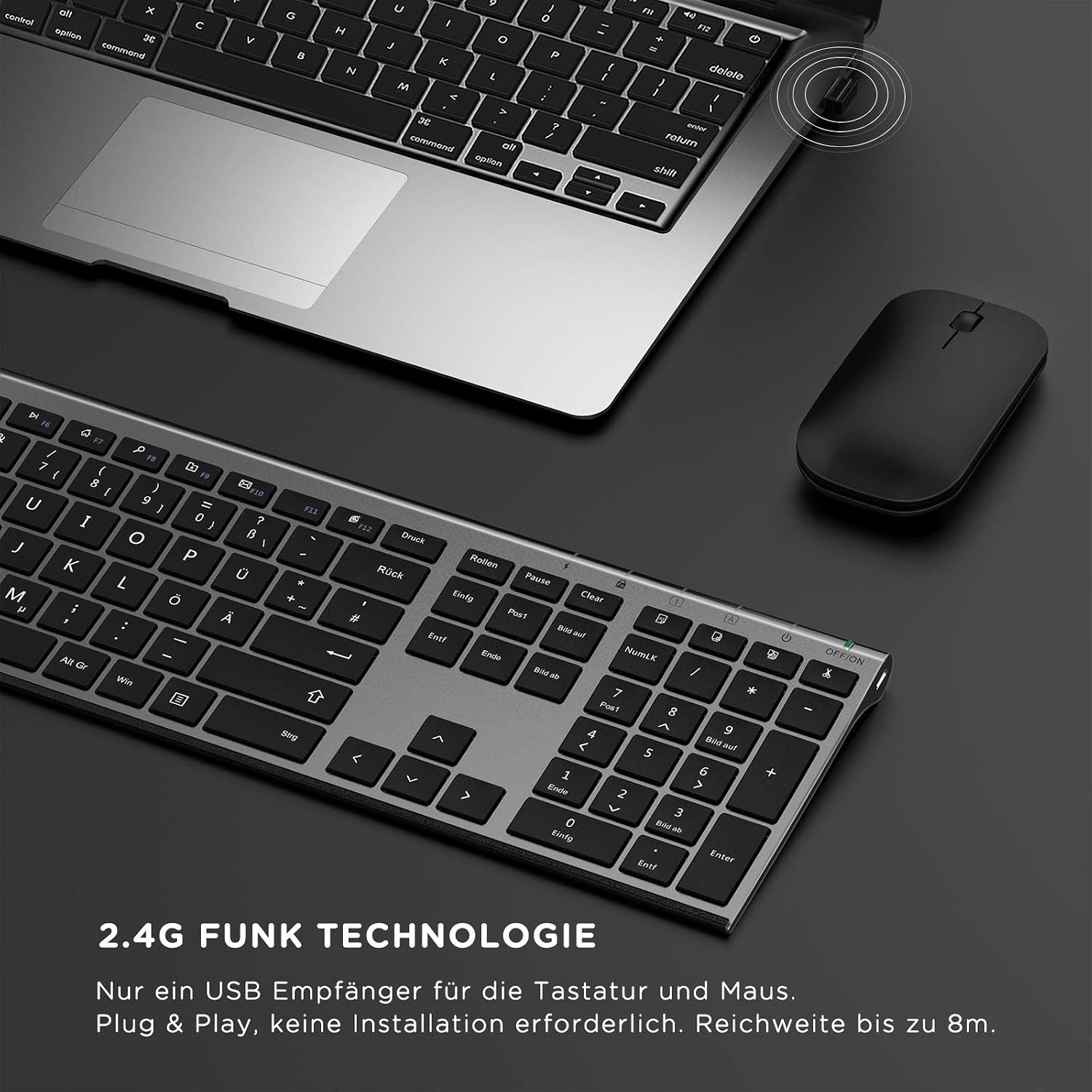 Thumbnail 3 de seenda KS15F kabelloses Tastatur-Maus-Set 2,4G (QWERTZ) ultraflach, wiederaufladbar, Grau/Schwarz