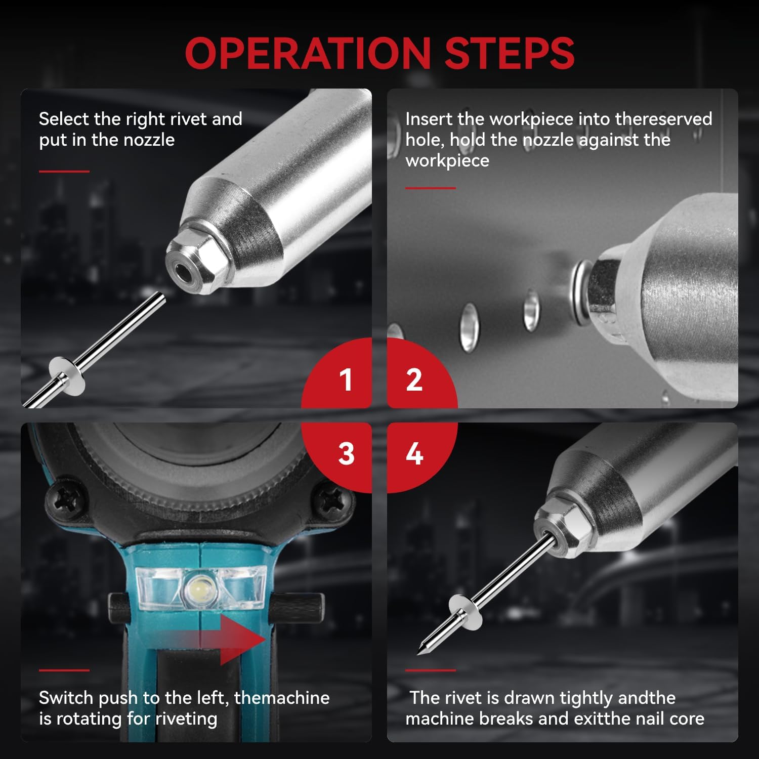 Detalle 2 de ONEVAN Cordless Rivet Gun Battery Riveting Pliers – 260 N·m Max Torque, 20 mm Stroke, Dual 2000mAh Batteries (2.4–5.0 mm Rivets)