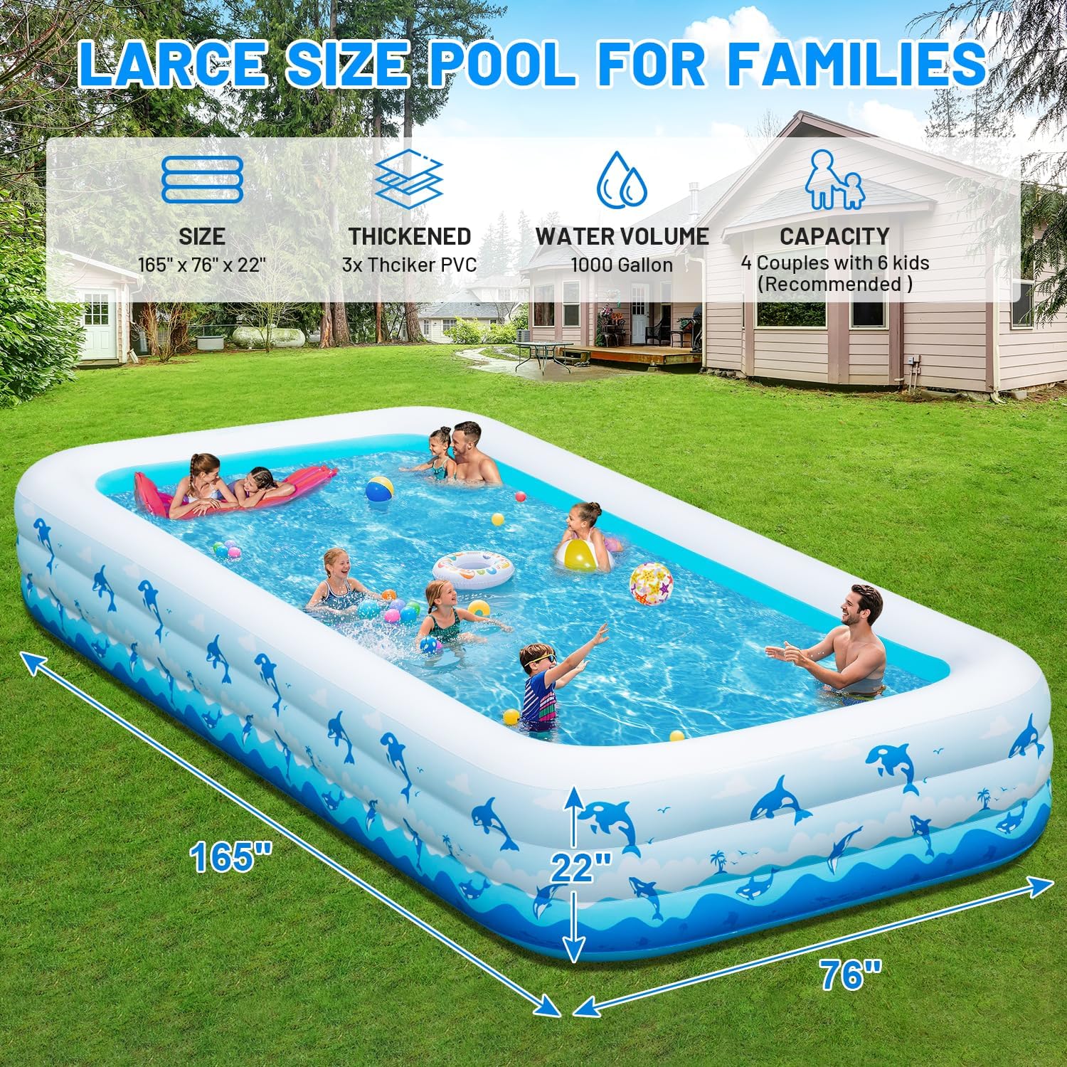 Detalle de Cinlinso Extra Large Inflatable Pool – 165 x 76 x 22 inches