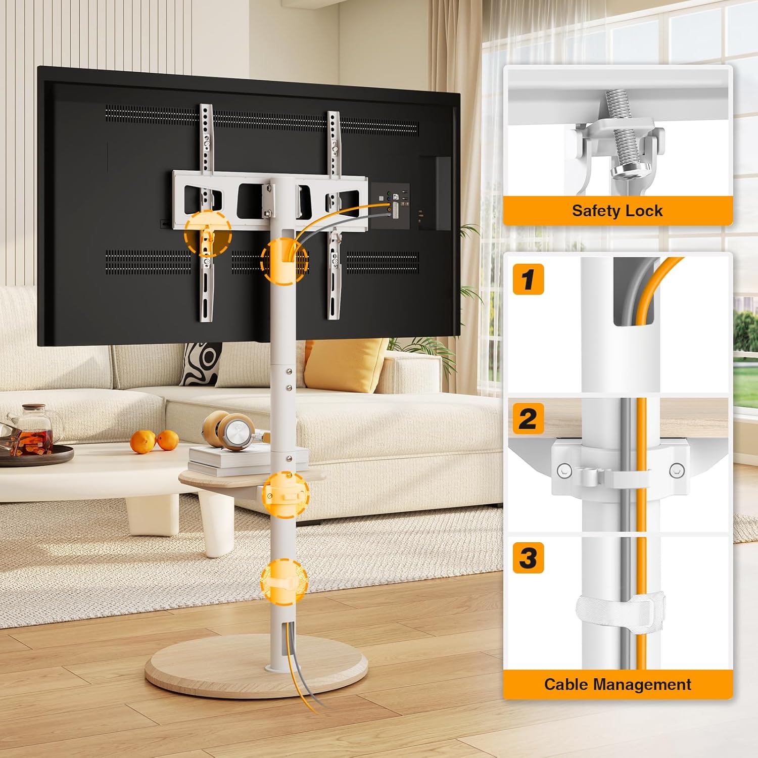 Thumbnail 4 de Support TV sur pied RFIVER avec roues cachées, réglage hauteur & inclinaison (32 à 65 pouces, VESA jusqu’à 400x400) – Blanc