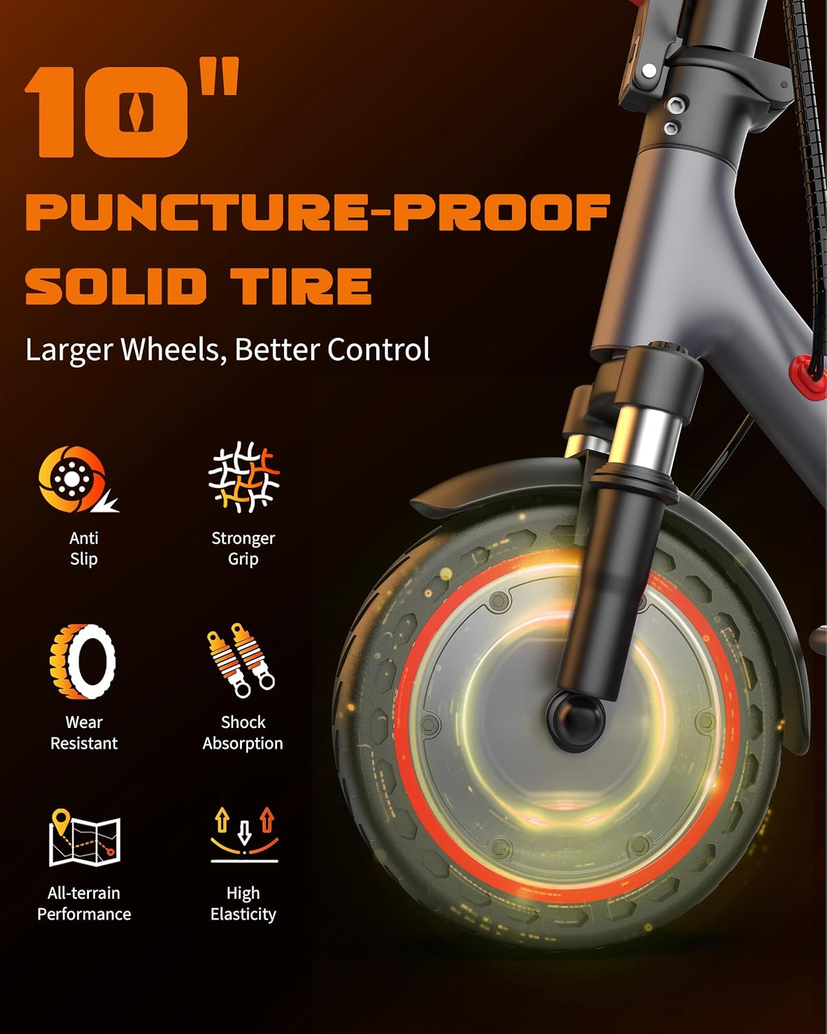 Detalle de VOLPAM SP08 Electric Scooter for Adults, 500W, 10-Inch Solid Tires, Dual Suspension