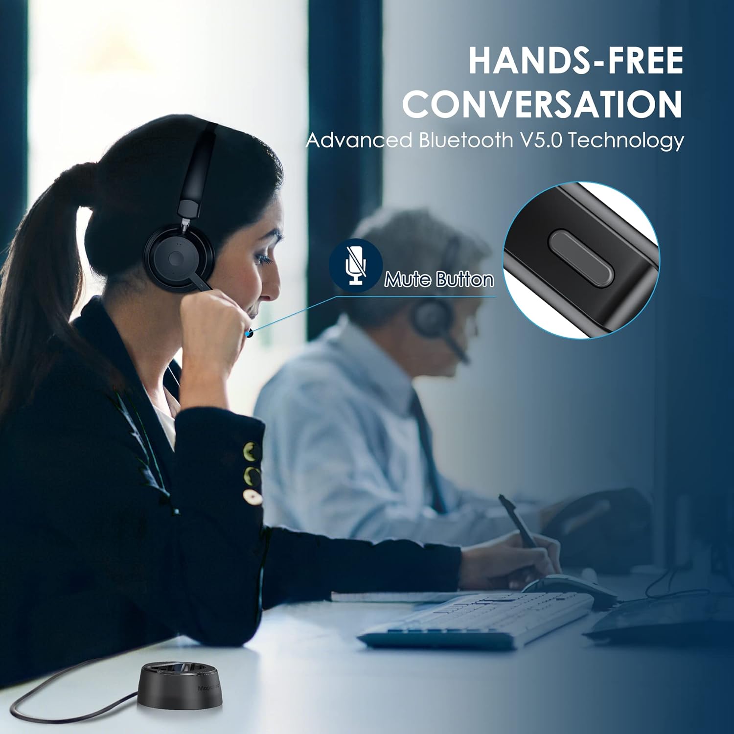 Detalle de Mopchnic Bluetooth Headset: AI Noise-Canceling Mic, USB Dongle, All-Day Comfort