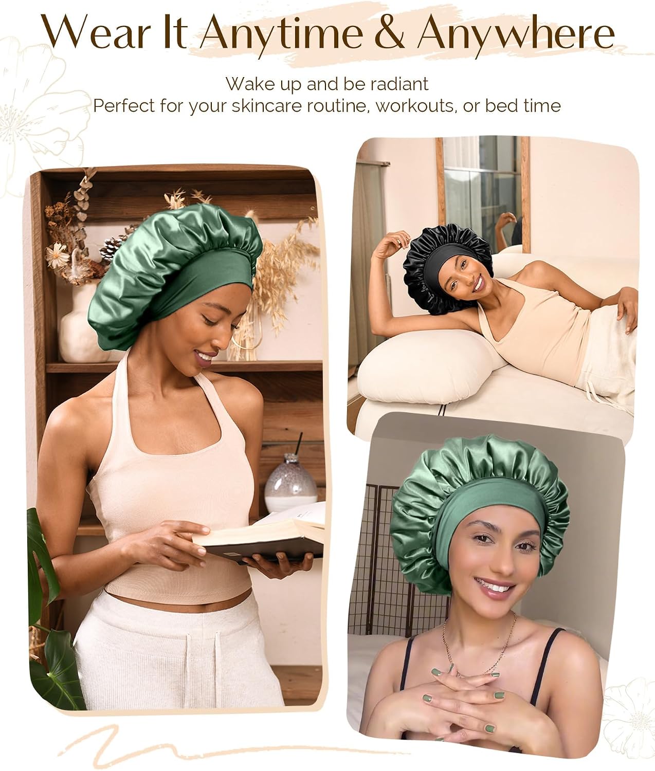 Detalle de YANIBEST Silk Bonnet for Sleeping Women: Double Layer Satin Sleep Cap with Elastic Band