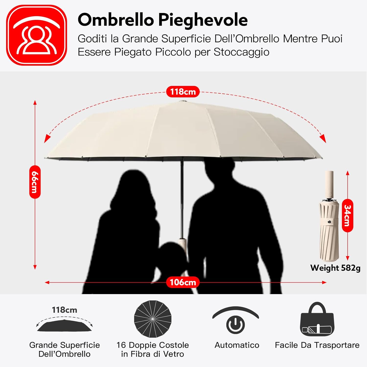 Detalle de LENDOO Ombrello pieghevole antivento con apertura automatica – 16 coste, UPF>50, peso 580 g