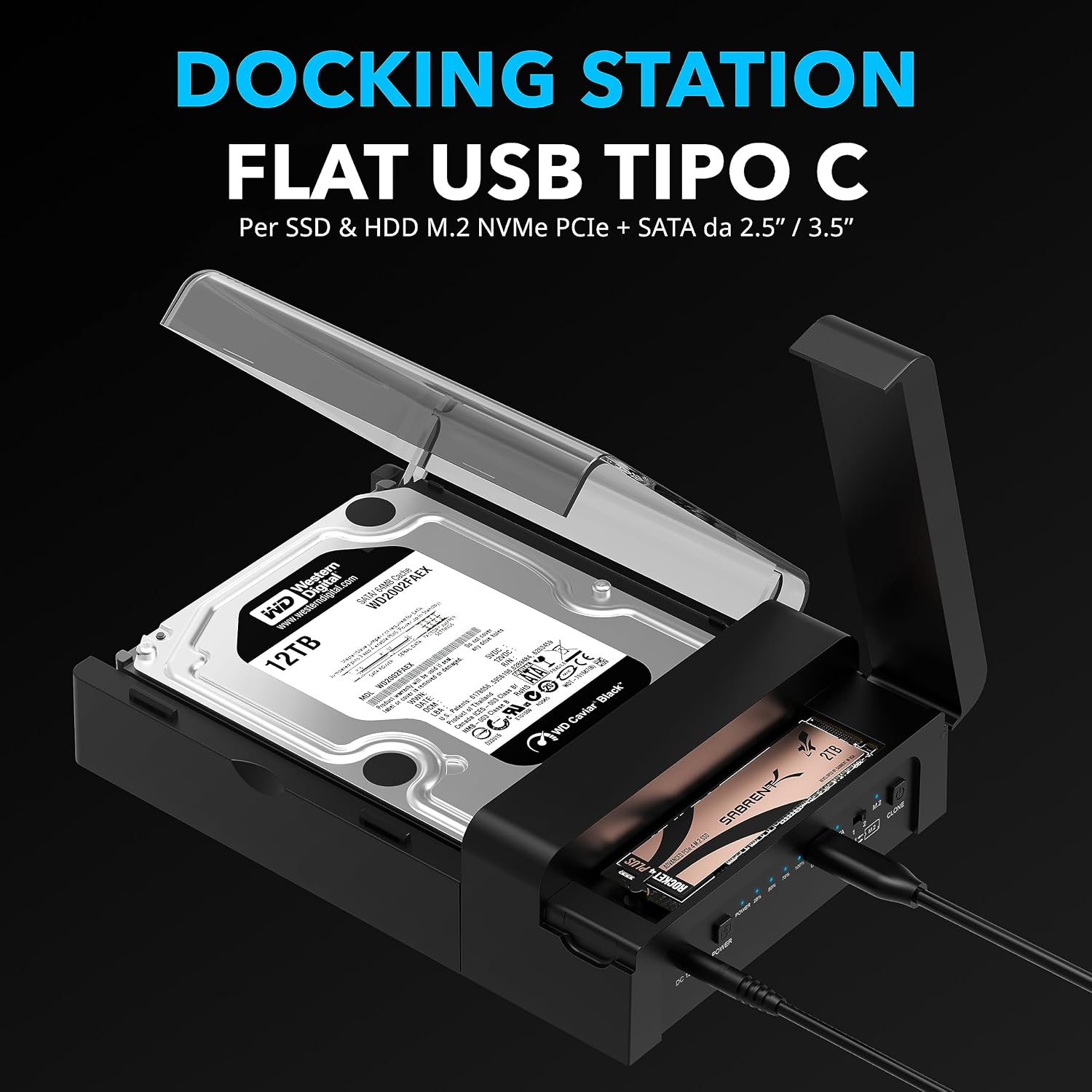 Detalle de SABRENT DS-UFNC docking station USB-C per SSD M.2 NVMe e HDD/SSD SATA 2,5"/3,5" con clonazione offline