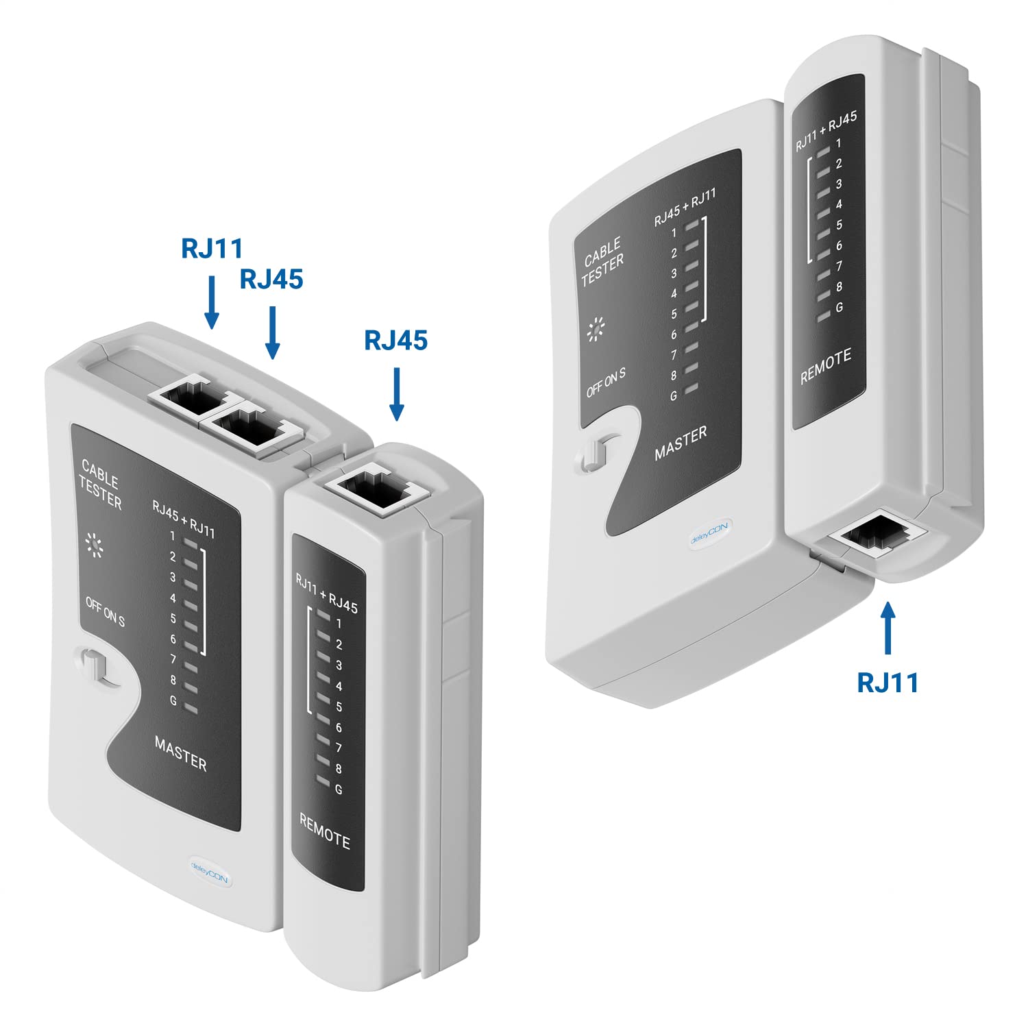 Detalle 2 de deleyCON Netzwerk Kabeltester MK4226 – RJ11/RJ12/RJ45, CAT6/7/8, Grau