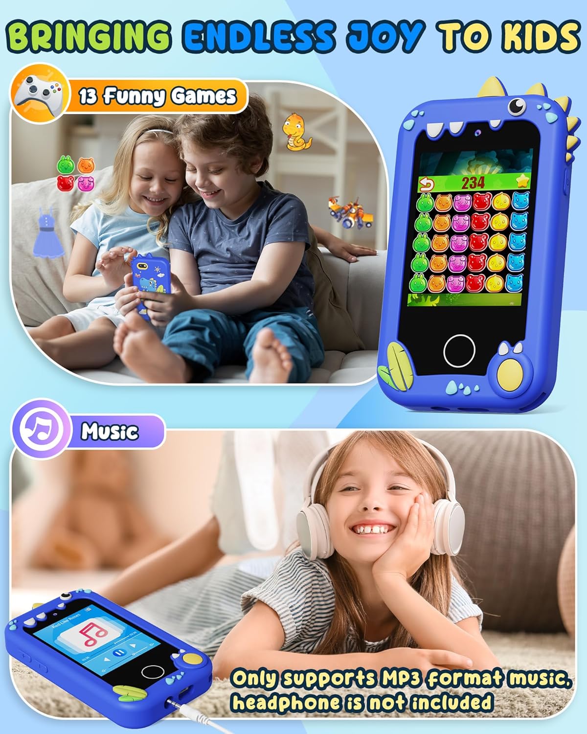 Detalle de UCIDCI Kinder Handy Spielzeug mit Dual-Kamera – Lernspielzeug, MP3-Player und mehr (Blau)