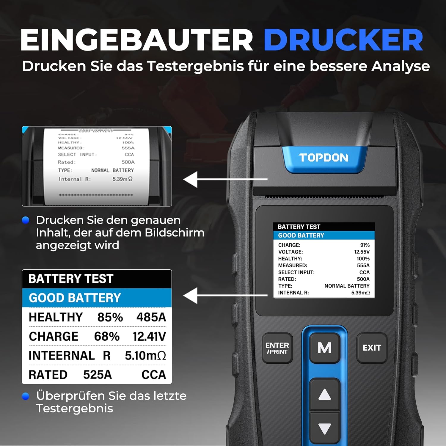 Detalle 2 de TOPDON BT300P Batterietester für 12V/24V mit integrierter Drucker-Funktion (100–2000 CCA)
