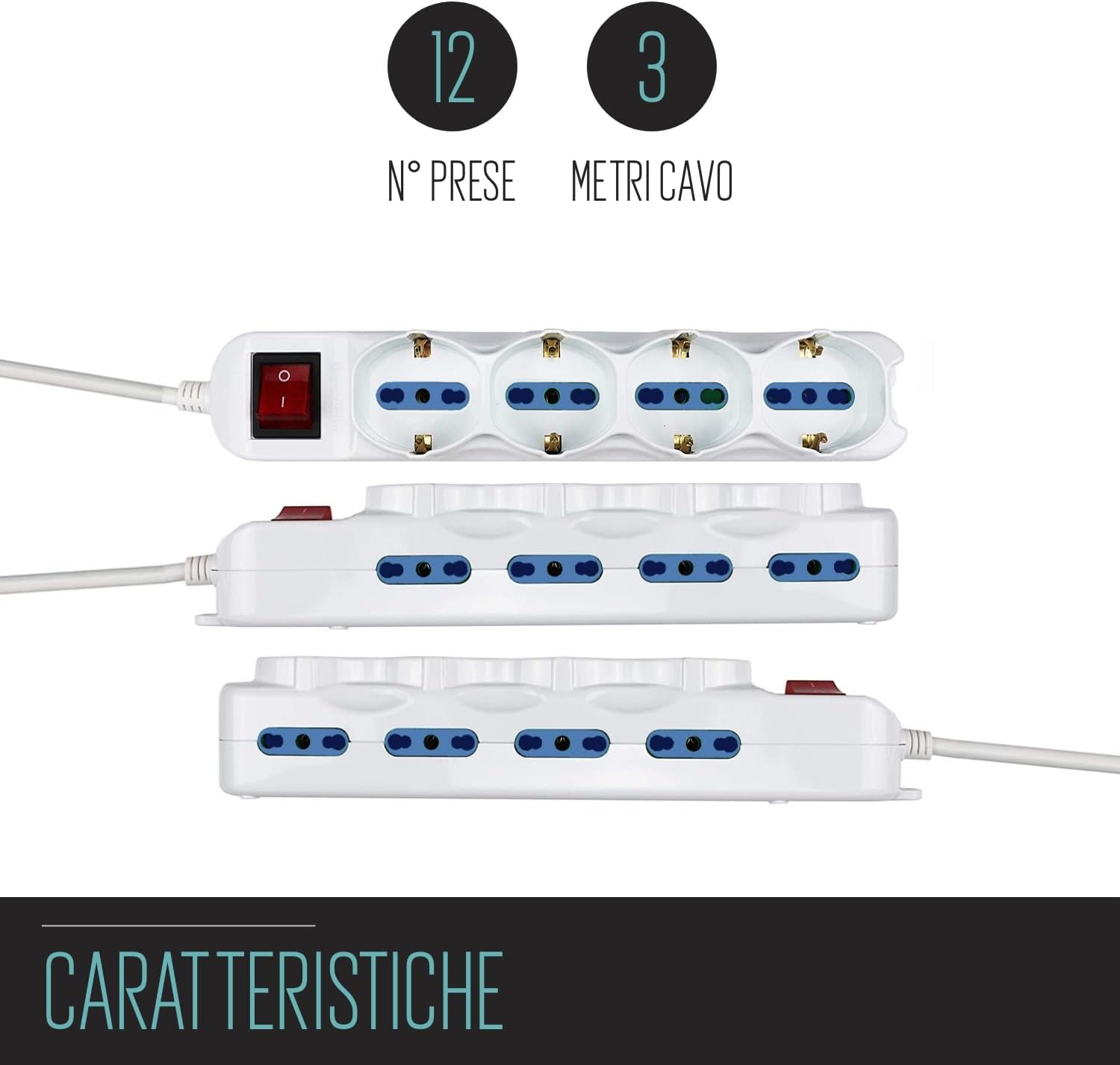 Thumbnail 3 de Multipresa 12 Posti Ciabatta Elettrica con 12 prese: 4 Schuko + 8 Italiane, spina 16A, cavo 3 m