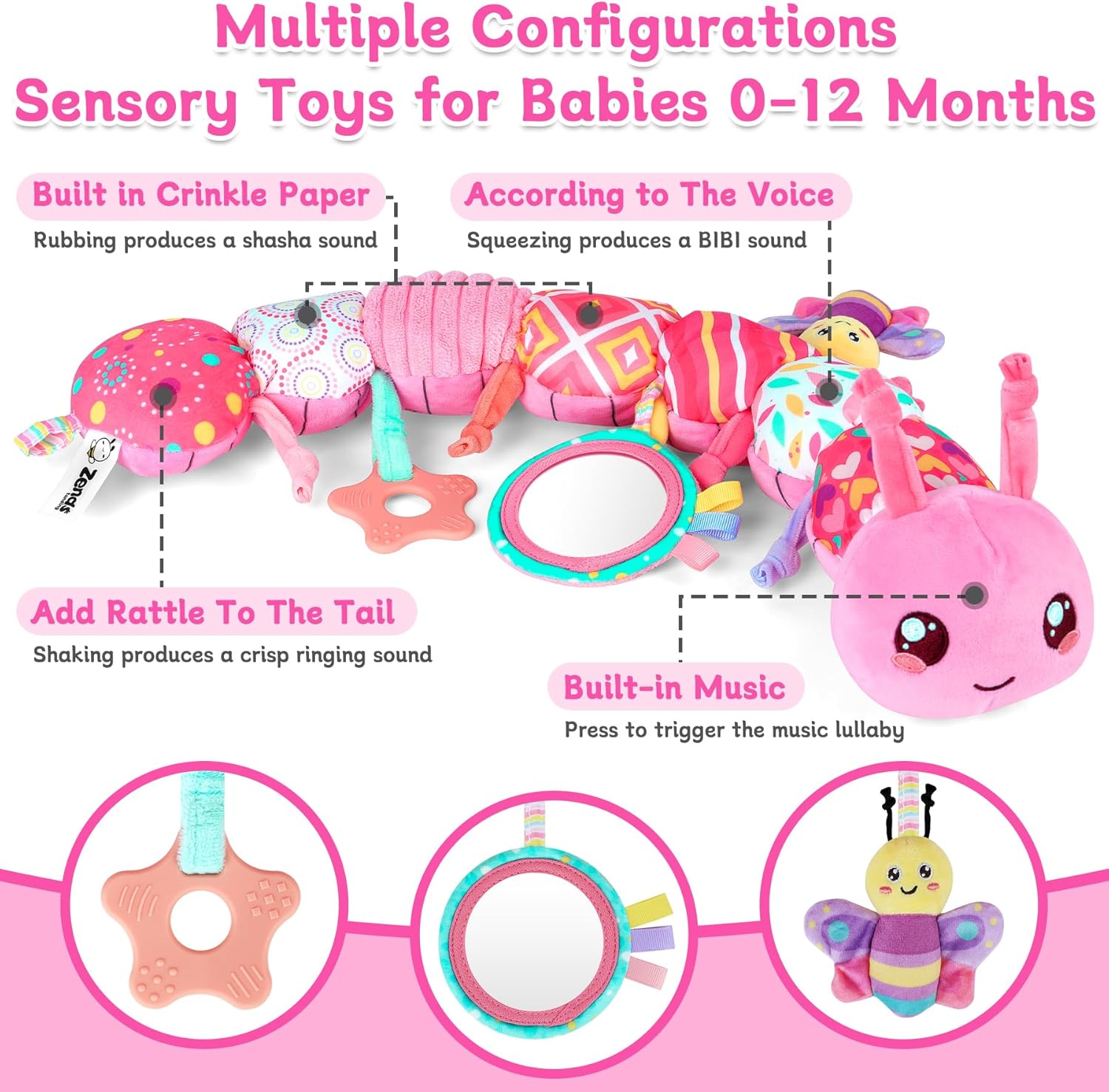 Detalle de Baby Girls Toys 6-12 Months: 6-in-1 Infant Sensory Music Caterpillar Toy
