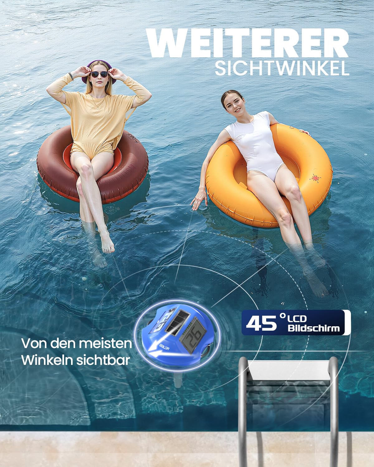 Detalle de BALDR Solar: Schwimmendes Temperaturmessgerät mit zwei großen Displays – IPX7, solarbetrieben für Pool, Spa und Gartenteiche (Dunkelblau)
