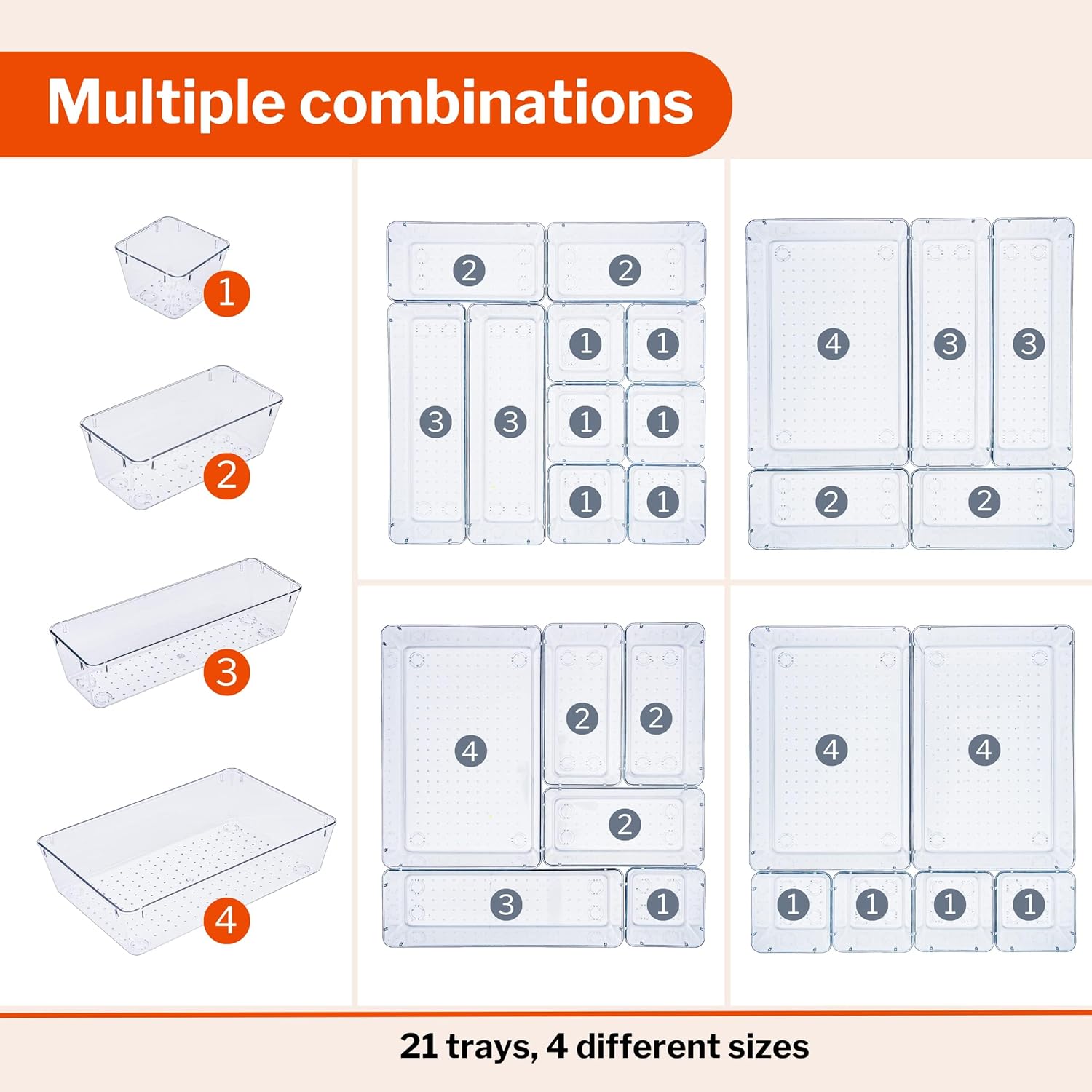 Detalle de Stackzy Drawer Organiser Set – Clear 21‑Piece Makeup and Kitchen Drawer Tray Organisation