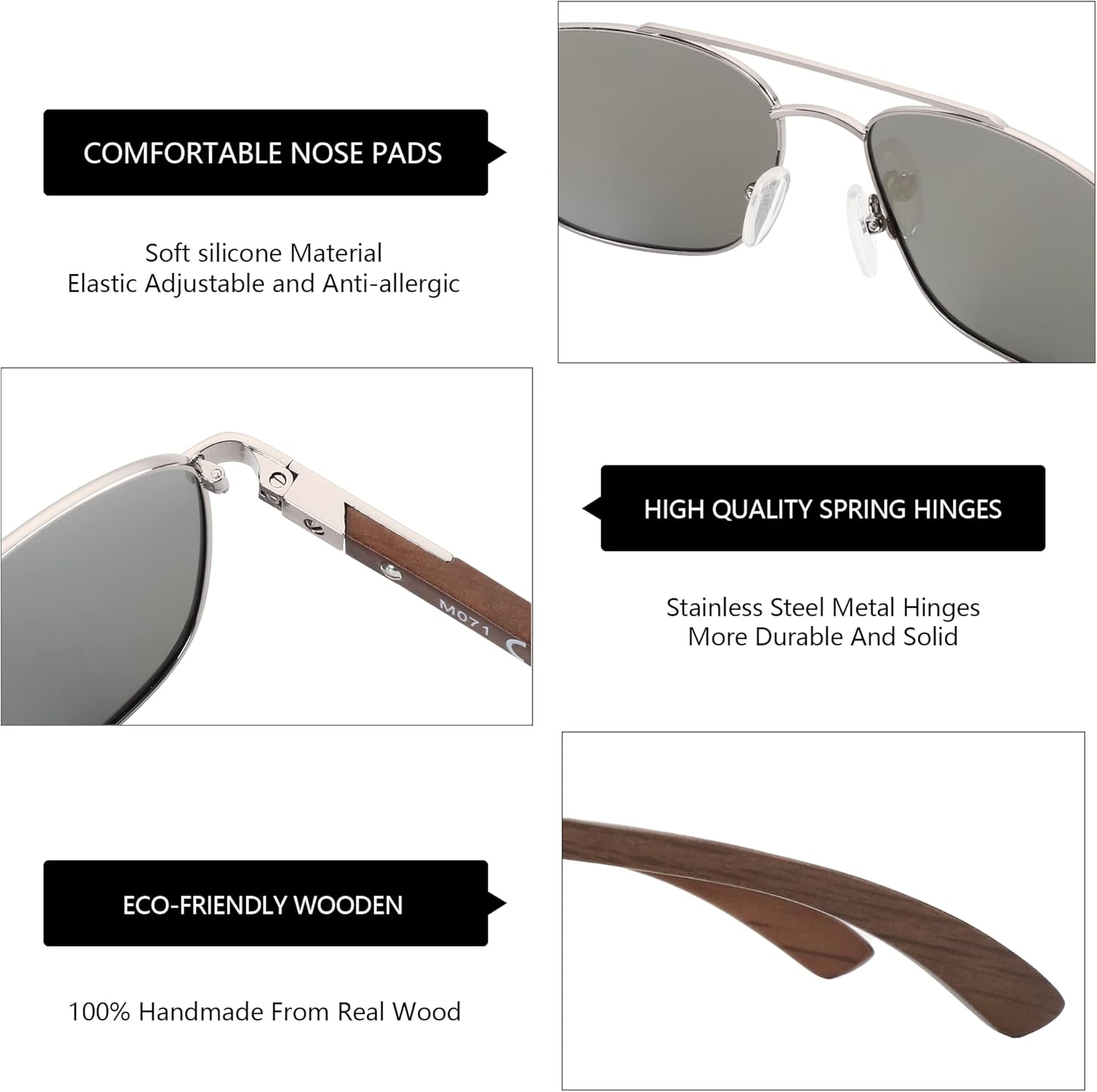 Detalle de ZENOTTIC Lunettes de soleil polarisantes pilote homme – monture carrée en bois et métal