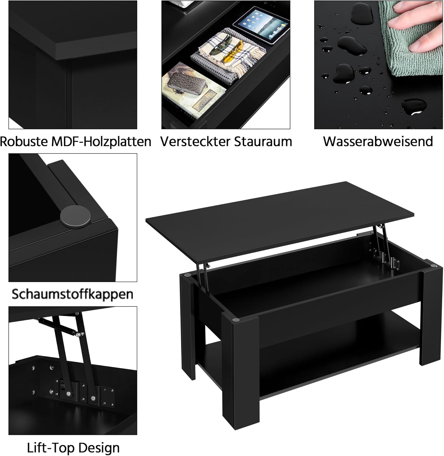 Detalle 1 de Yaheetech 614136/613274 verstelbare salontafel met opbergruimte, zwart
