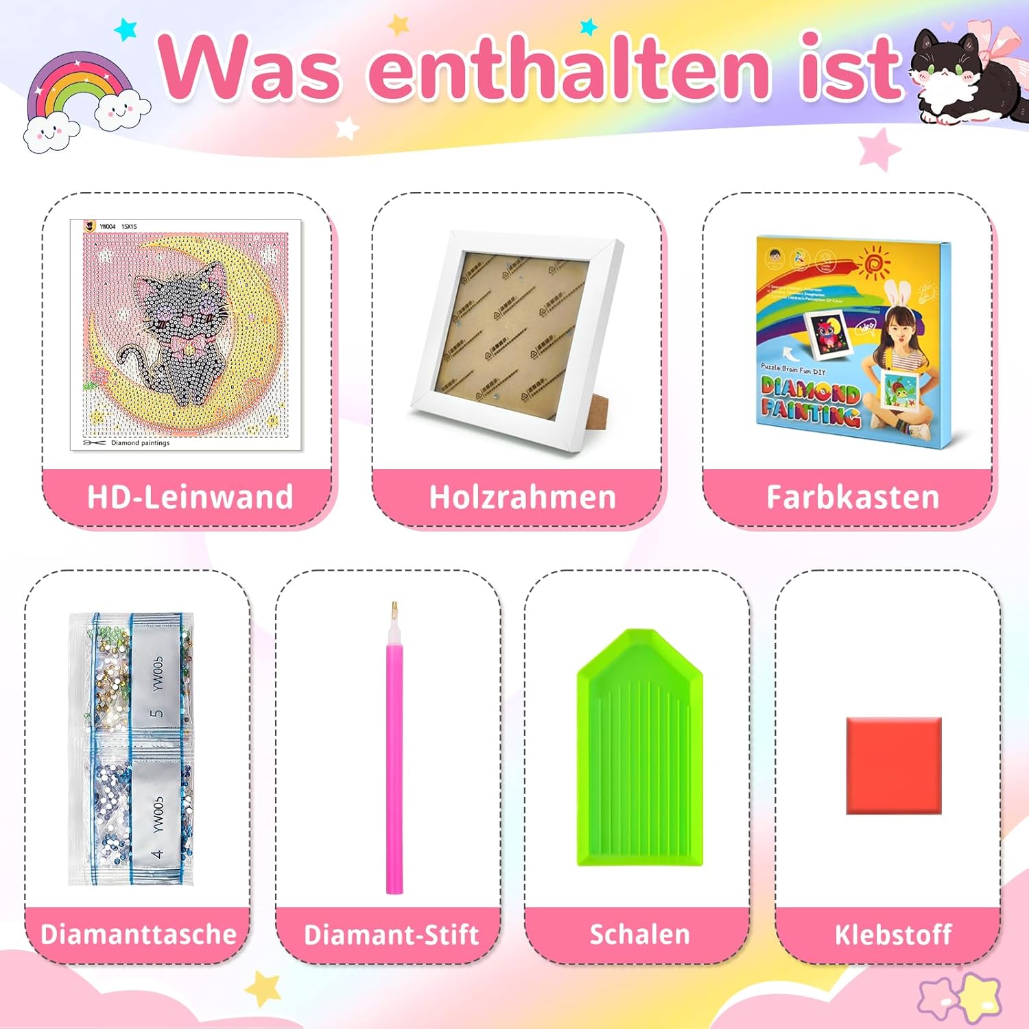 Thumbnail 3 de jieyisier Diamond Painting Katze mit Rahmen (5D), Set für Erwachsene & Anfänger, 15x15 cm