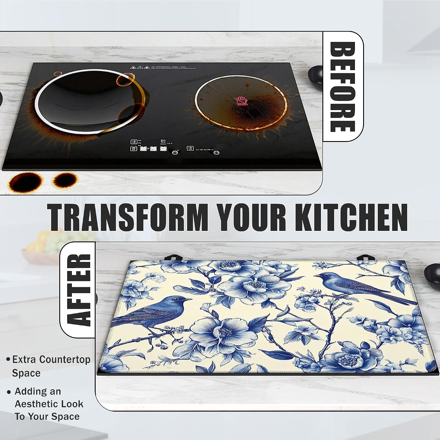 Detalle de YIKTI Blue Bird Stove Top Cover, 28 x 20-Inch Heat-Resistant Rubber Mat