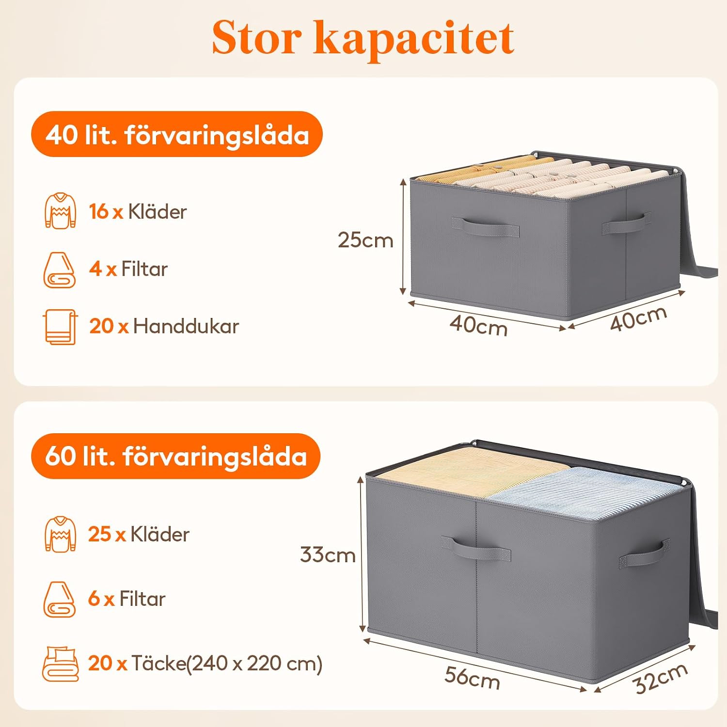 Detalle 2 de Lifewit 24300 förvaringslådor i tyg, 6-pack med dragkedja, grå, 56 x 33 x 32 cm