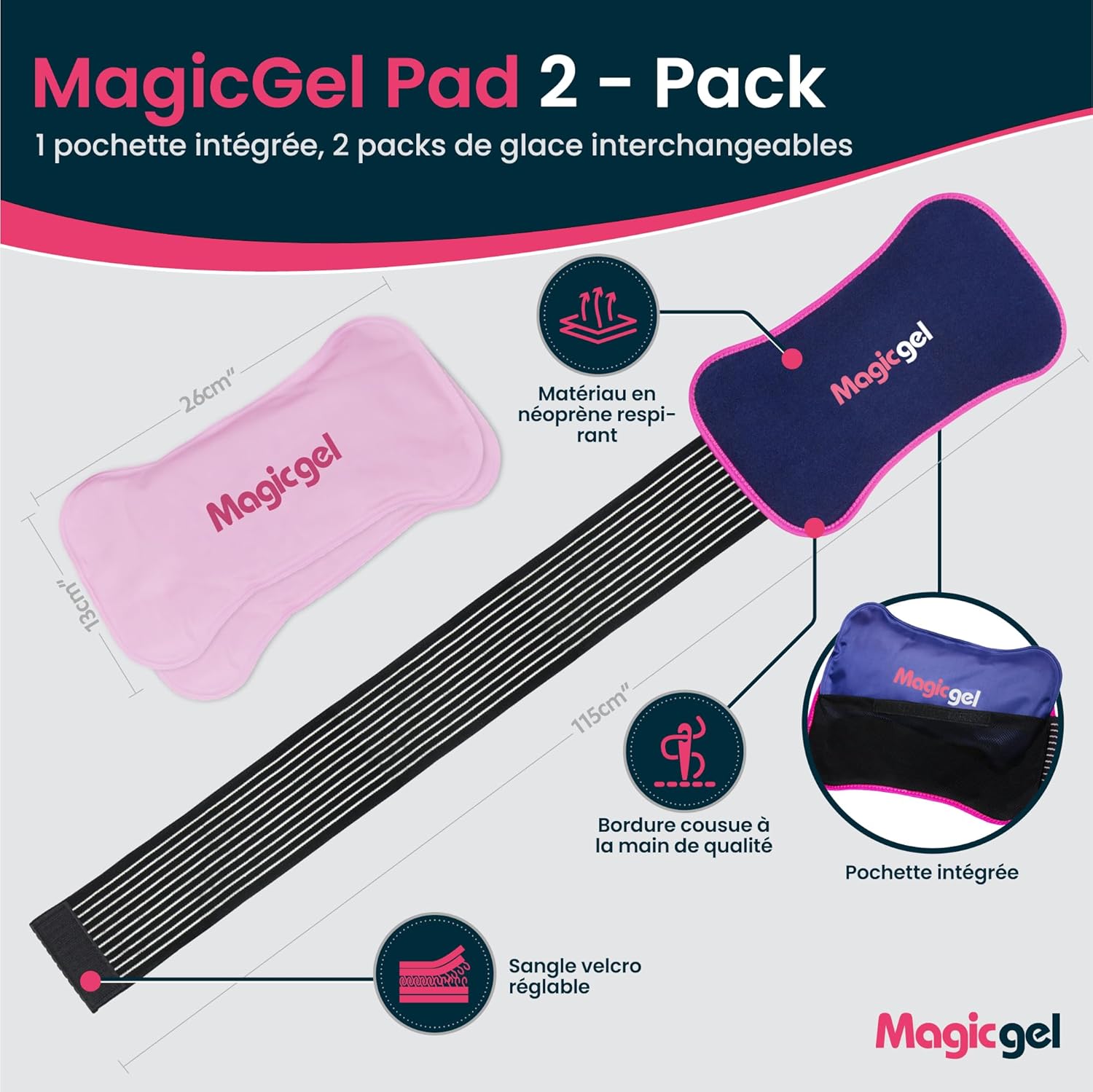 Detalle de Magic Gel poche de glace en gel réutilisable avec sangle (28x14 cm) – lot de 2
