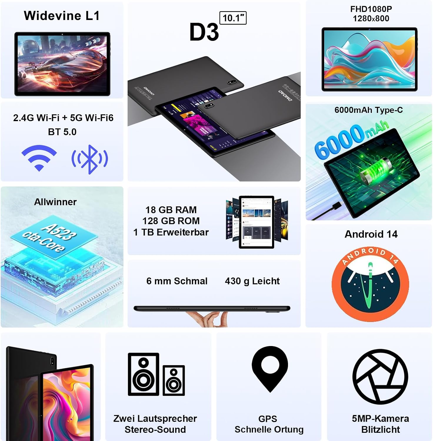 Thumbnail 1 de DMOAO Tablet 10 Pollici Android con 18GB RAM, 128GB ROM e espansione TF 1TB – WiFi 6, 5G, Widevine L1