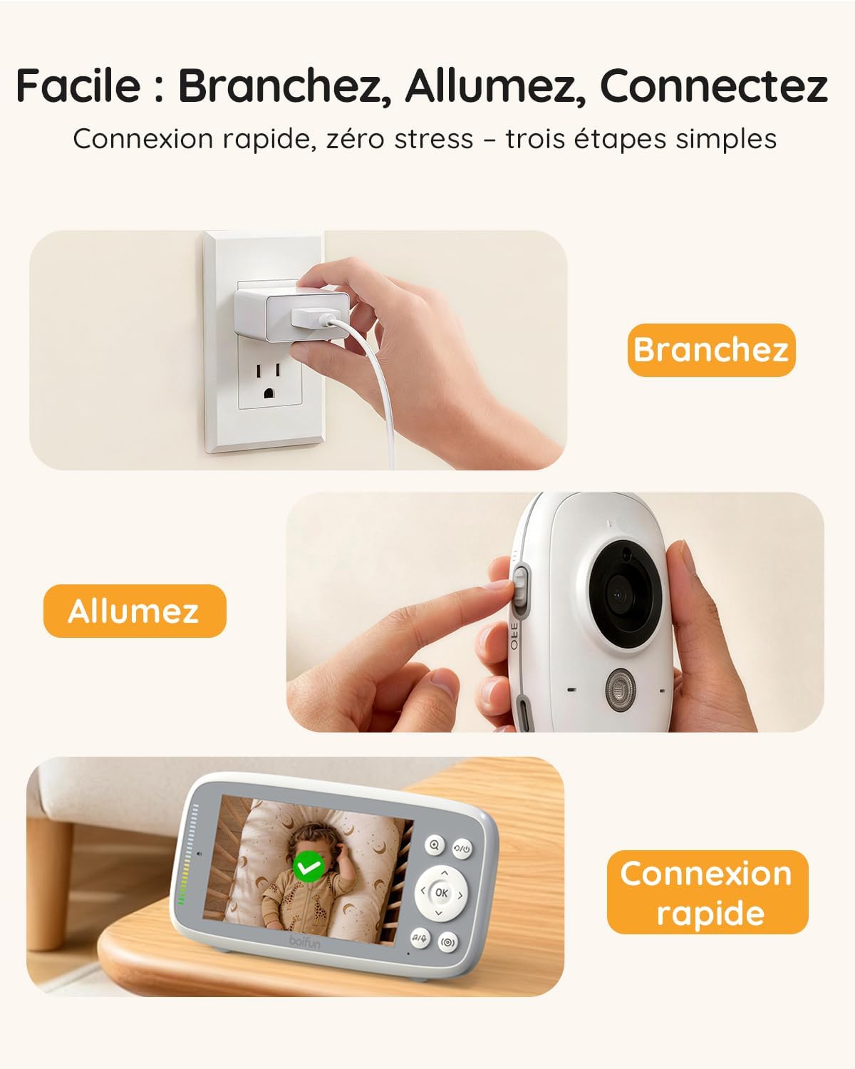 Detalle de BOIFUN Babyphone Camera sans WiFi – Nocturne Invisible, HD 720P, 1 caméra