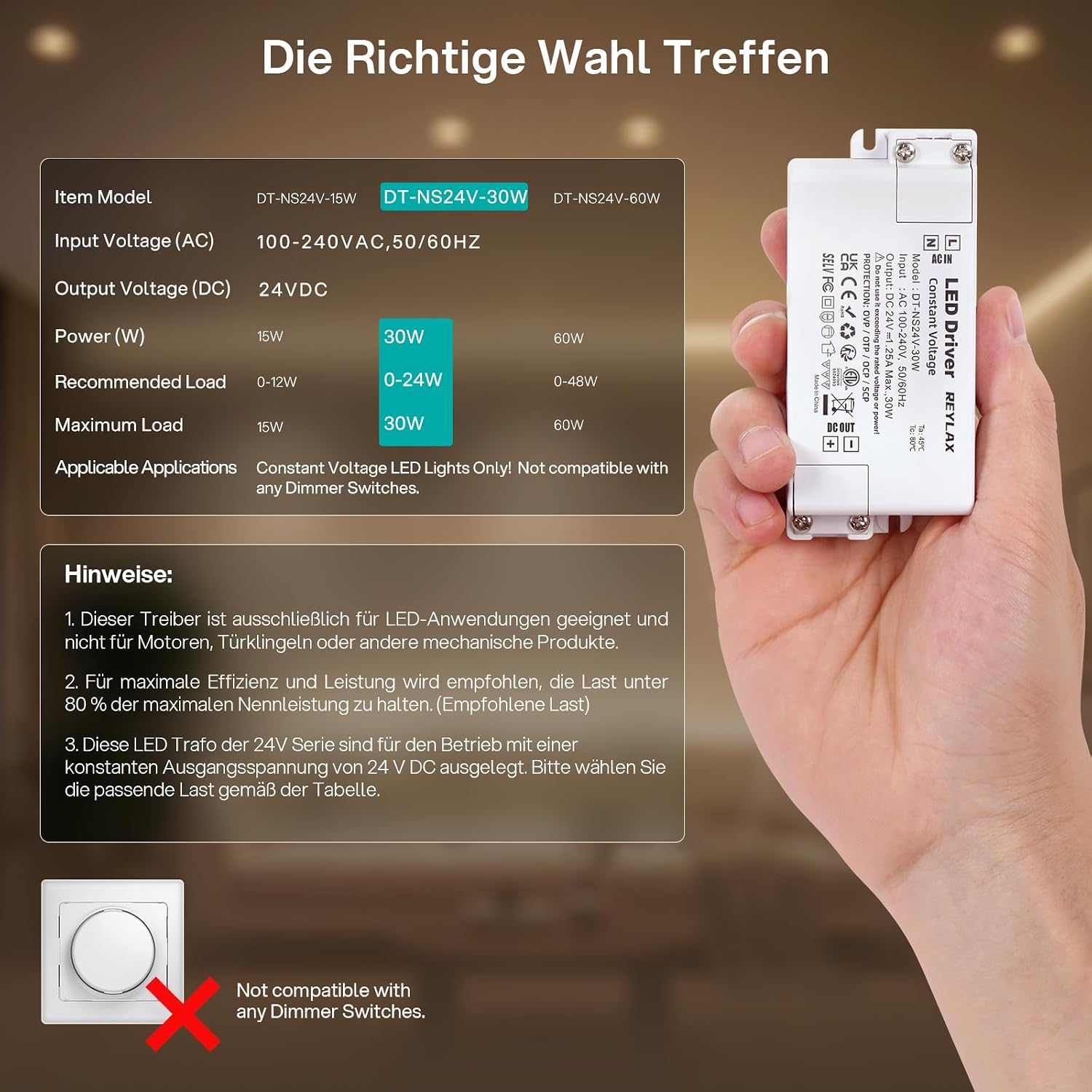 Detalle de REYLAX LED Trafo 24V 30W 1.25A – Konstantspannungs-Netzteil für 24V LED-Beleuchtung (Nicht dimmbar)