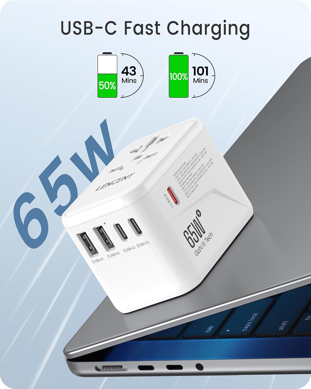 Detalle de LENCENT Universeller Reiseadapter GaN III 65W – 65W PD Schnellladung mit 2 USB-A & 3 Typ-C für weltweite Reisen