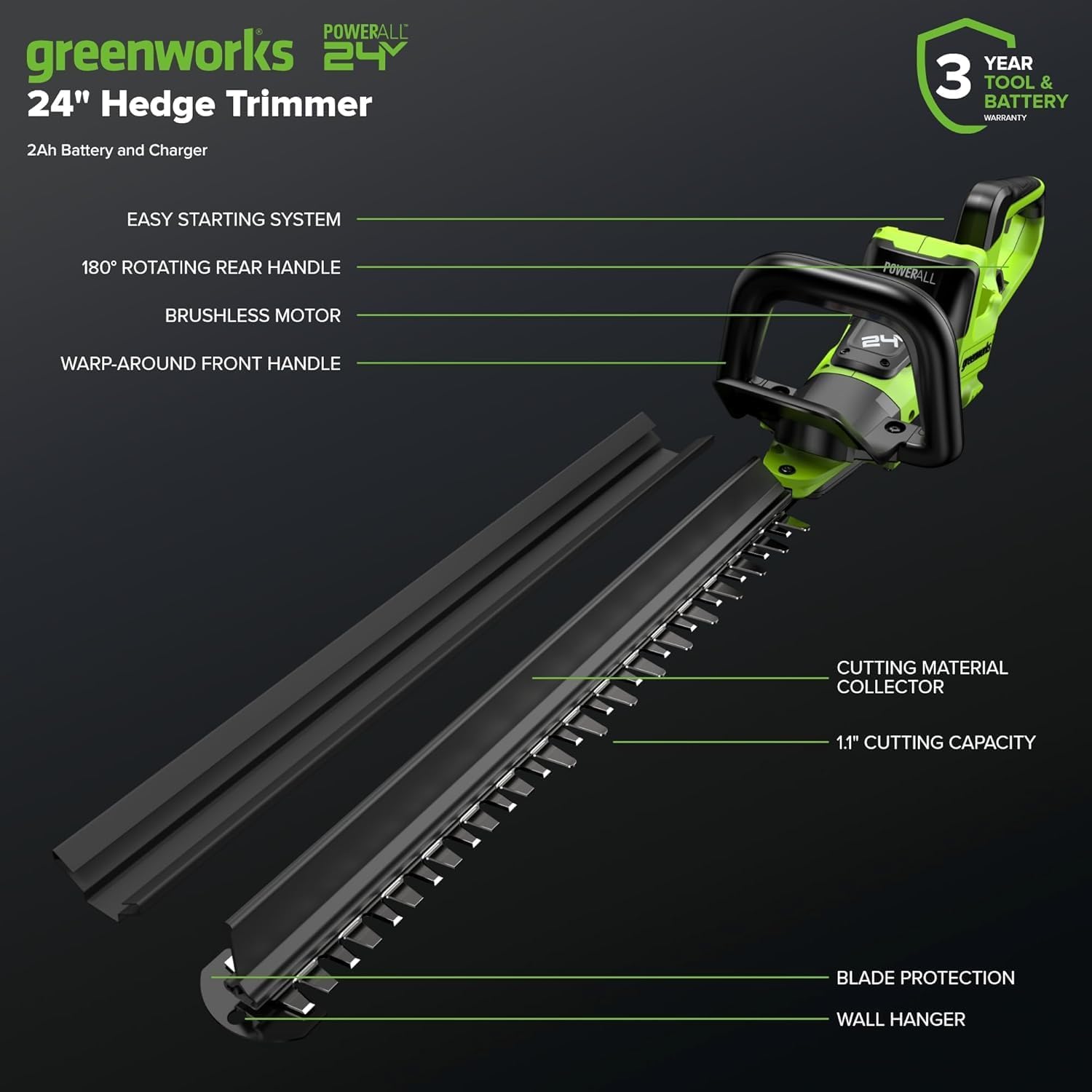 Detalle 2 de Greenworks Cordless Hedge Trimmer, 24-Inch