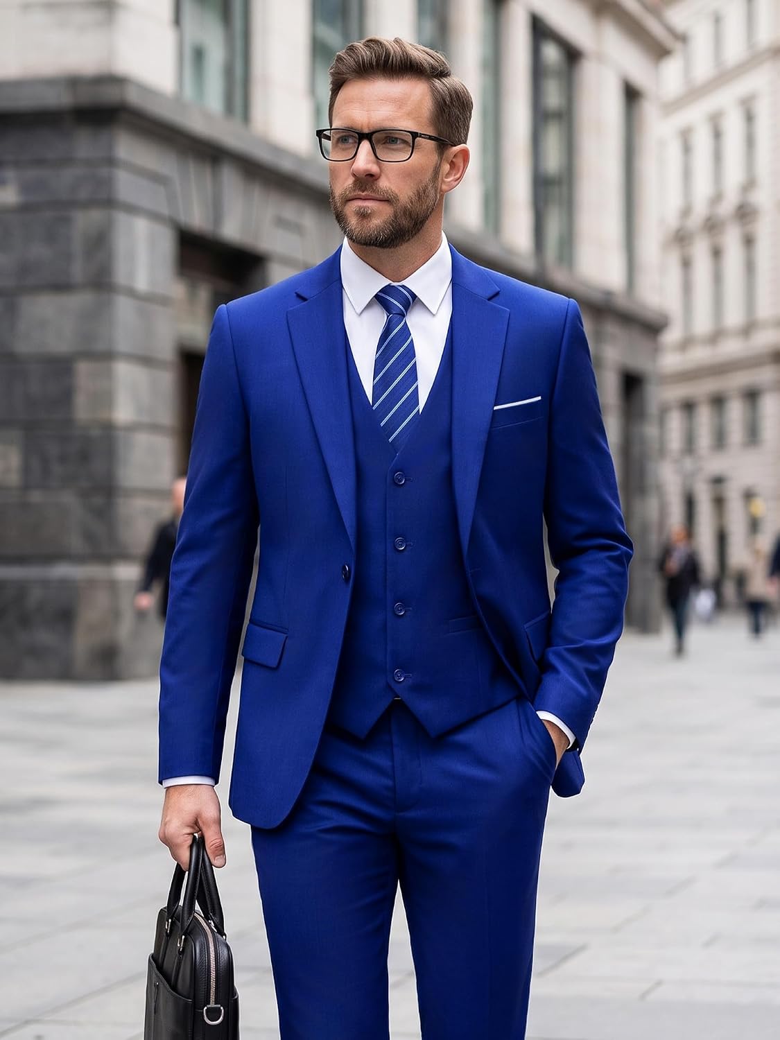 Detalle 2 de MAGE MALE Men's 3-Piece Slim-Fit Suit with One-Button Blazer, Vest and Pants