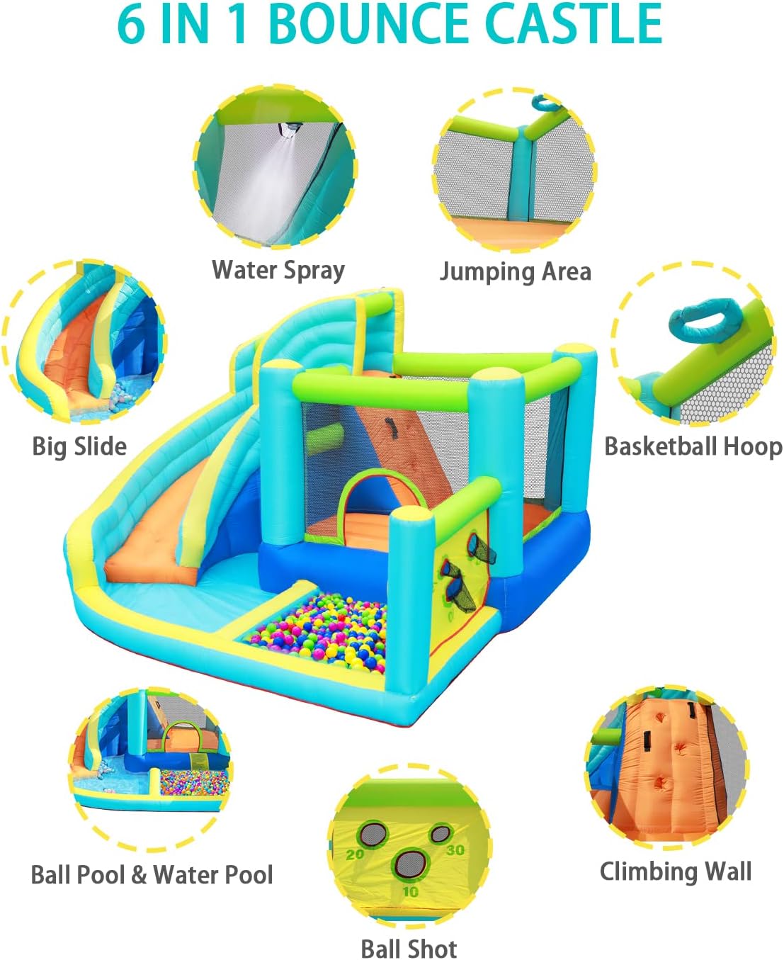Thumbnail 4 de Castello Gonfiabile 6 in 1 per Bambini: parco acquatico con scivolo, trampolino, parete da arrampicata e canestro