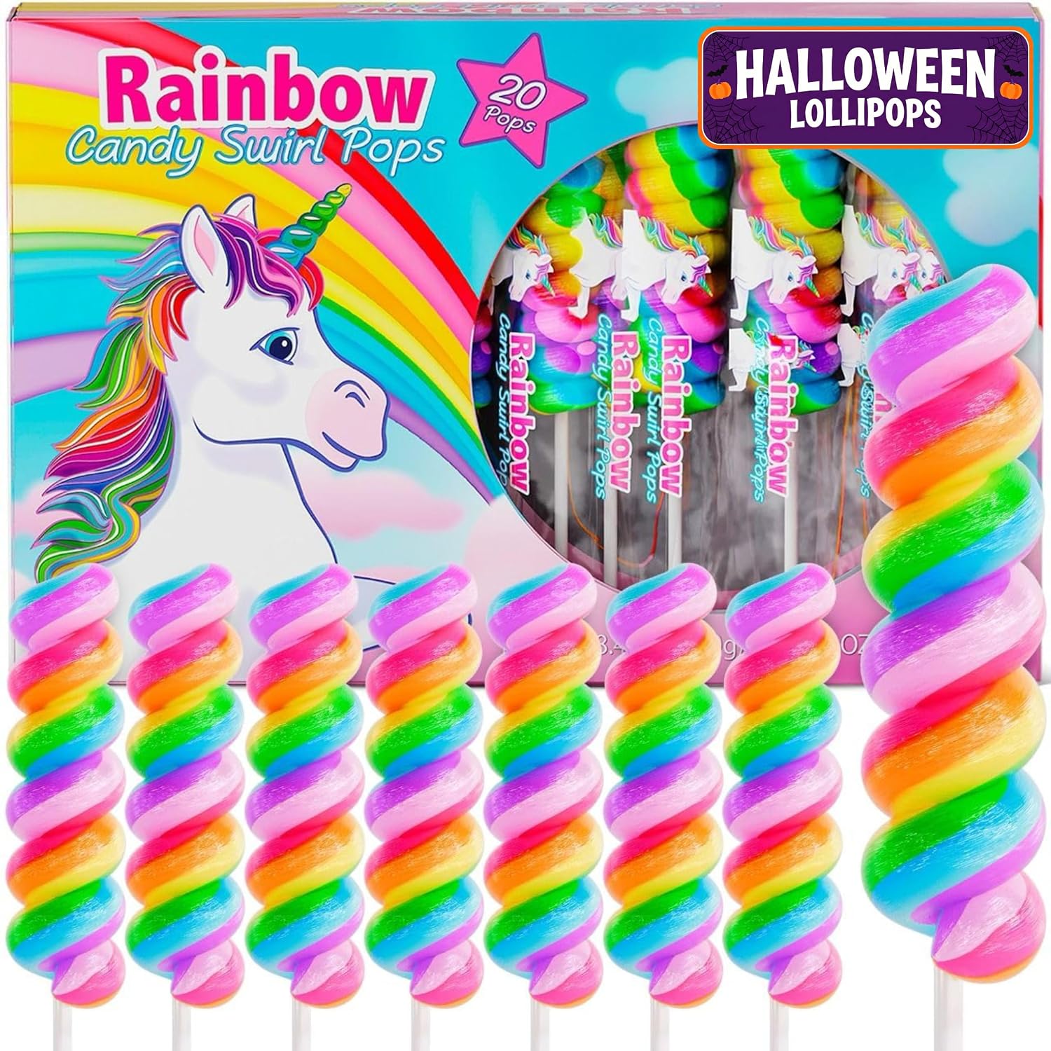 Detalle de Primary Colors Candy SWIRL-R-001 Unicorn Lollipops, Individually Wrapped 20-Pack