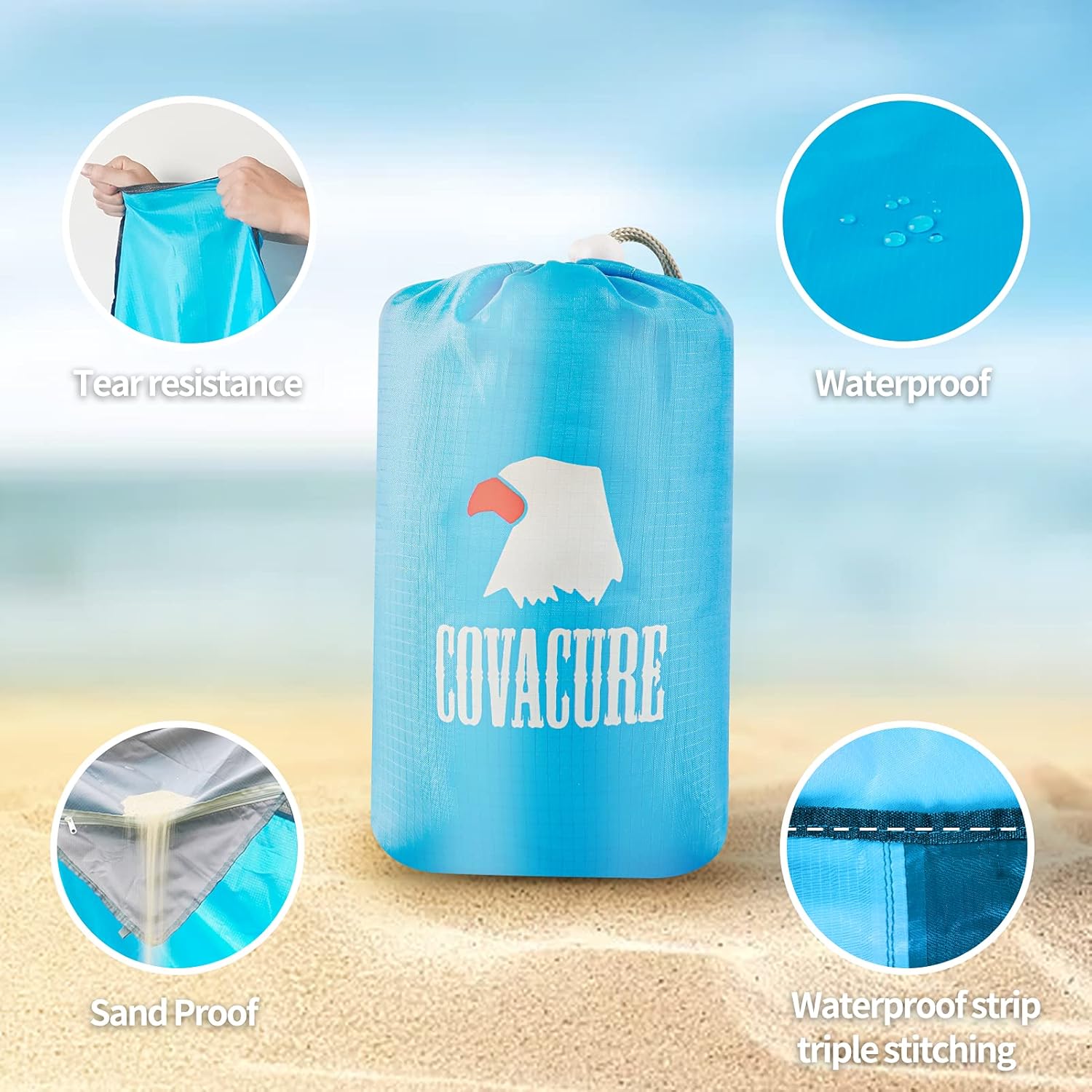 Thumbnail 1 de COVACURE Beach Blanket Mat with 3 Zipper Pockets — Extra Large 210 x 200cm (Blue)