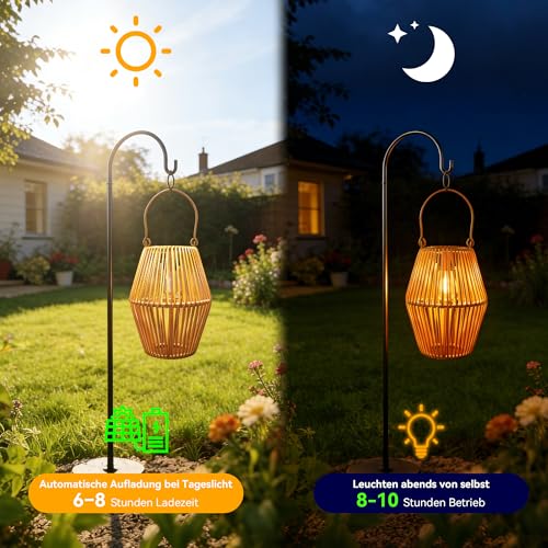 Detalle de Ollny Lanternes Solaire Exterieur – 2 Pièces en Rotin Bohême, Blanc Chaud