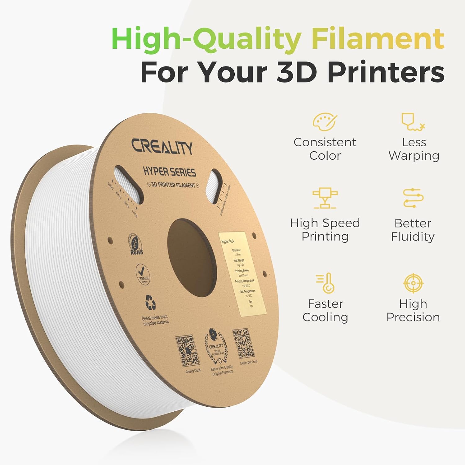 Detalle de Creality Official Hyper PLA Filament Weiß (1 kg) – Hochgeschwindigkeits-3D-Druckmaterial mit Maßgenauigkeit