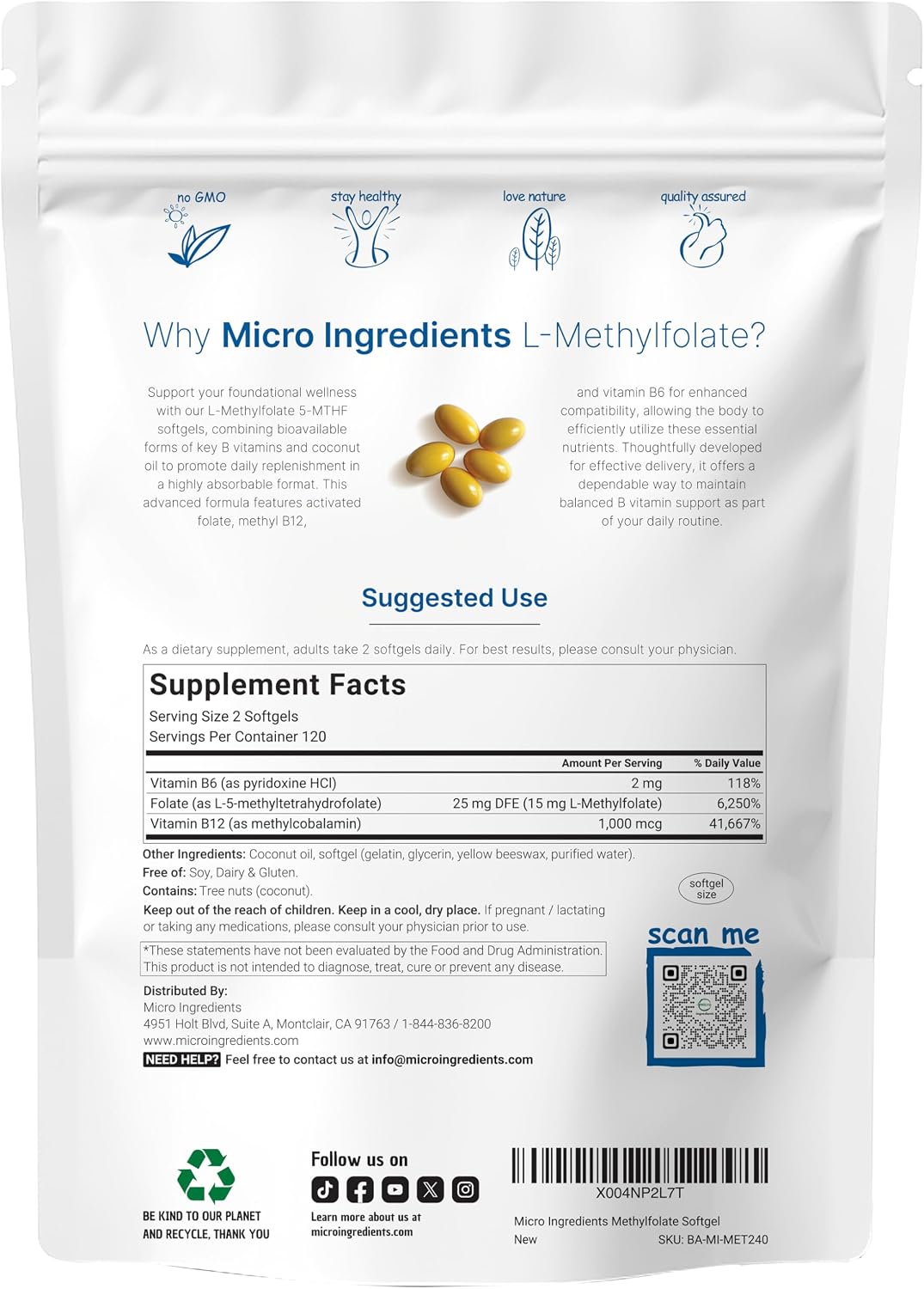 Detalle 2 de Micro Ingredients Methylfolate Softgels, 240 Count