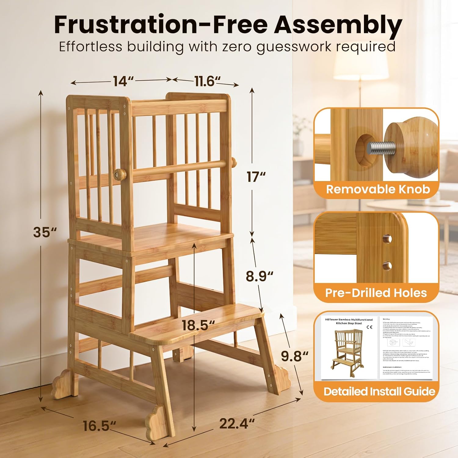 Detalle de HBTower ZL32 Toddler Standing Tower, Bamboo Kitchen Step Stool with Safety Rails